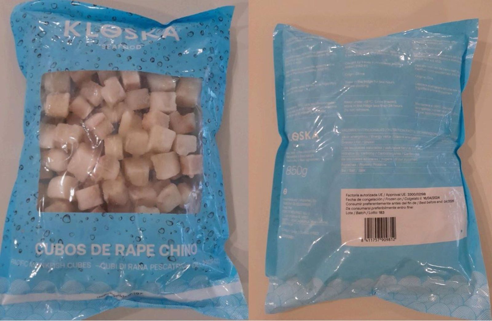 Imagen de uno de los cubos de rape congelado. EP