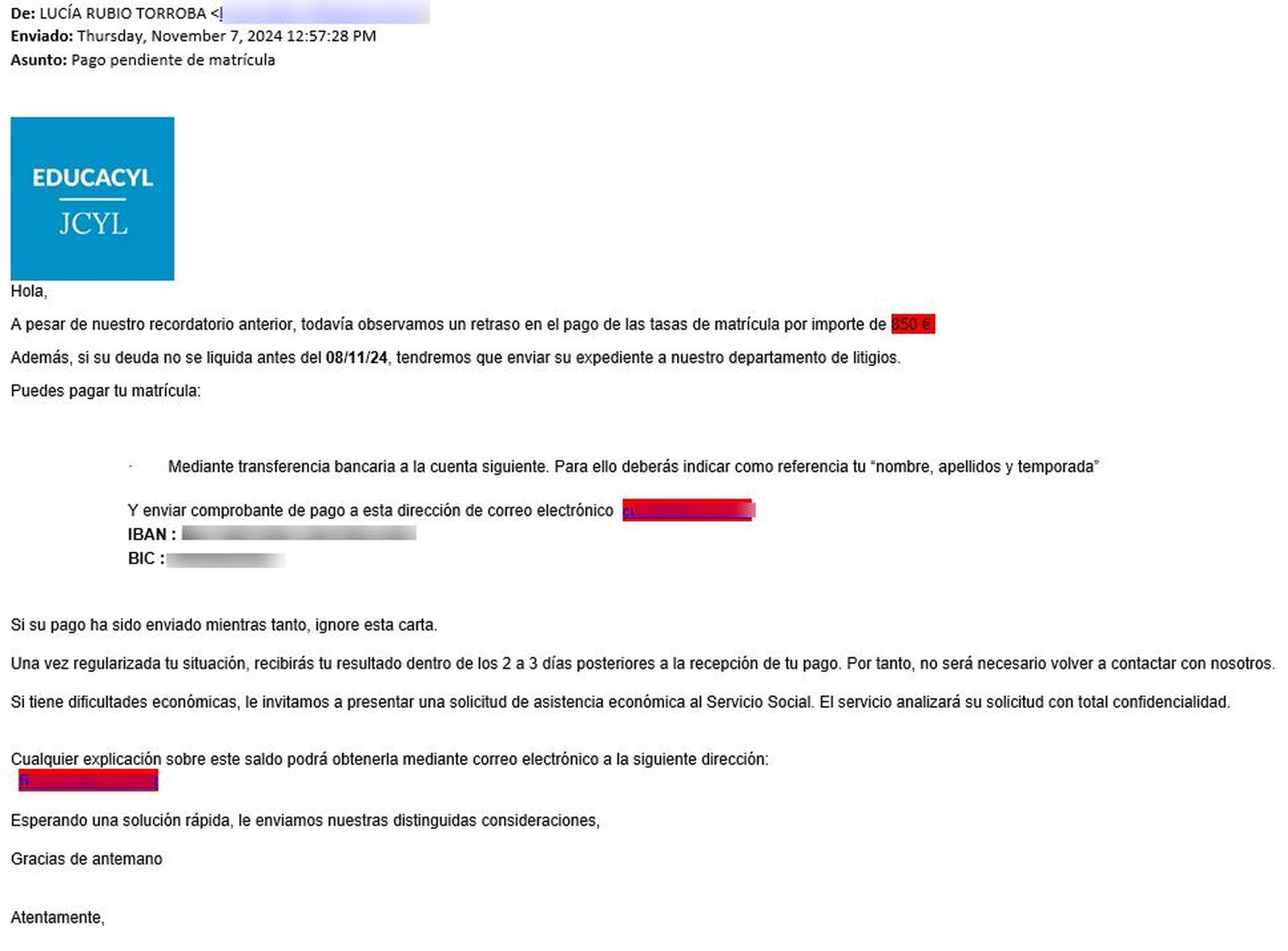 Correo suplantando a la Consejería de Educación de Castilla y León