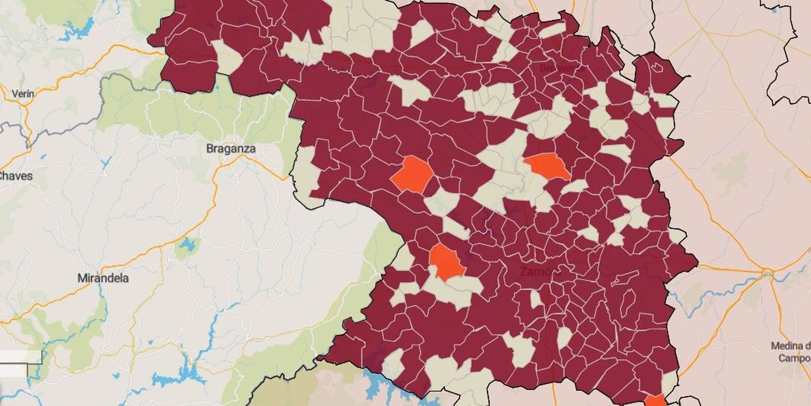 Mapa de la incidencia en los municipios de Zamora este lunes