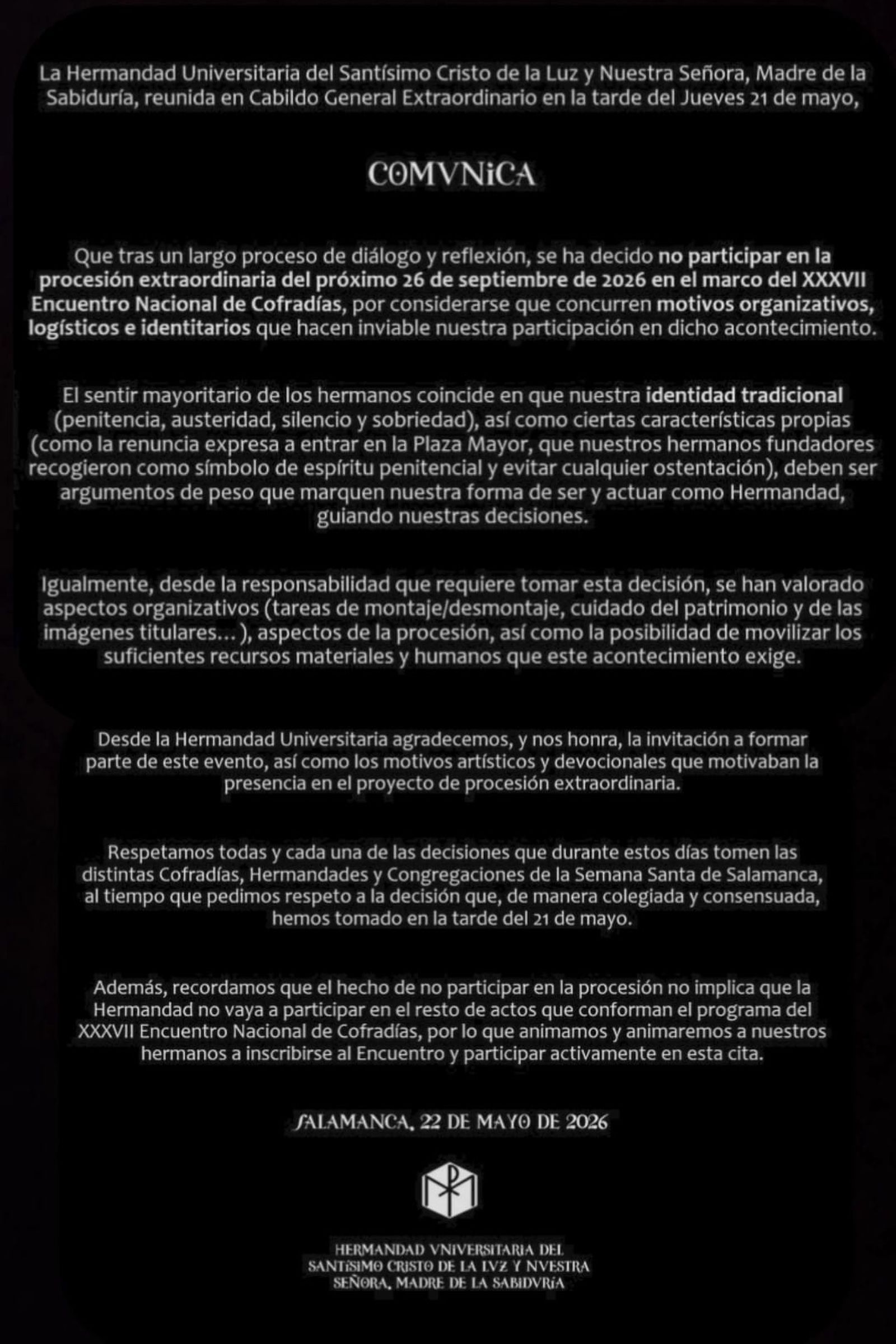 Comunicado de la Hermandad Universitaria de Salamanca