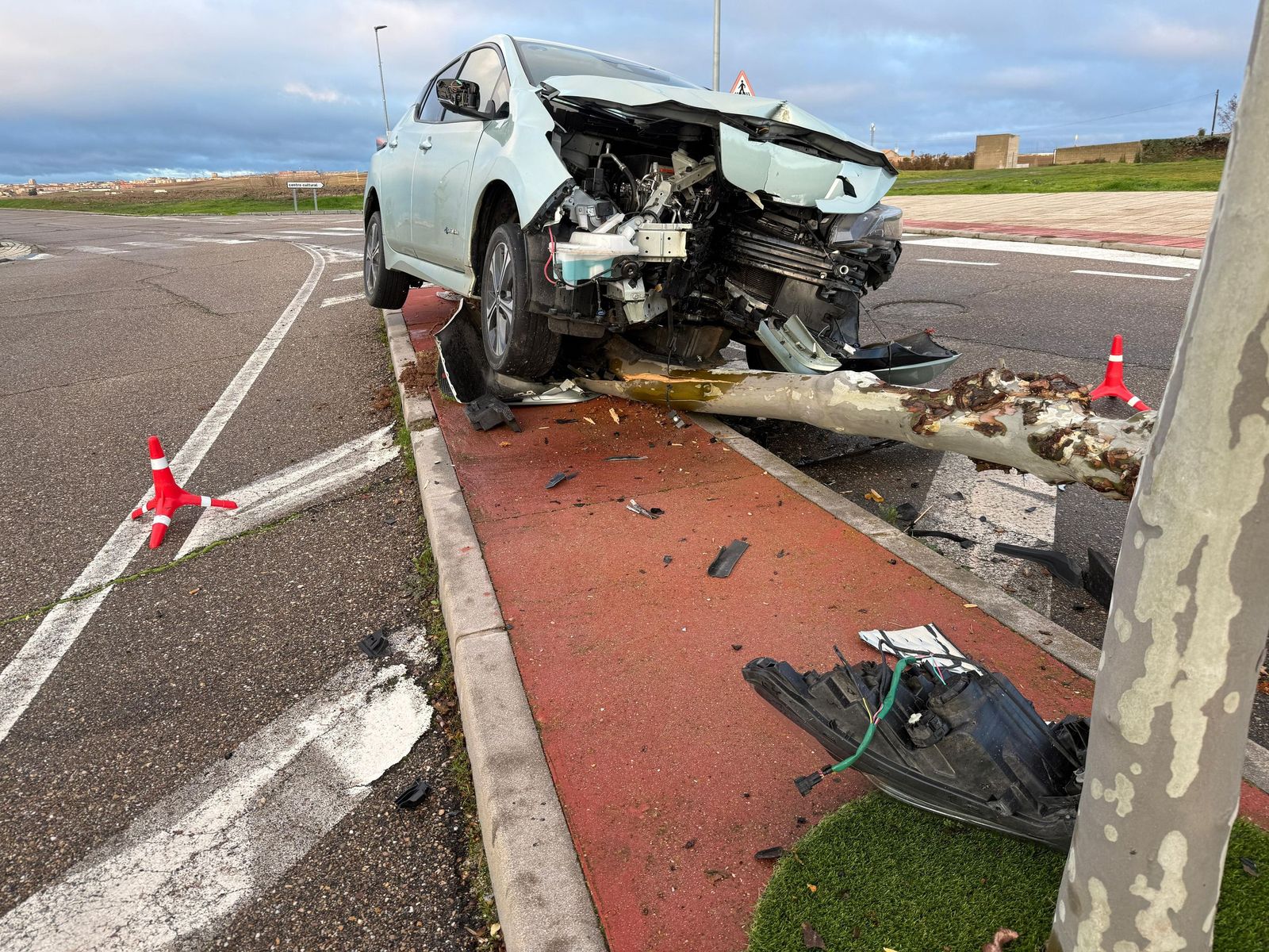 Un coche queda destrozado tras empotrarse contra un árbol en Cabrerizos