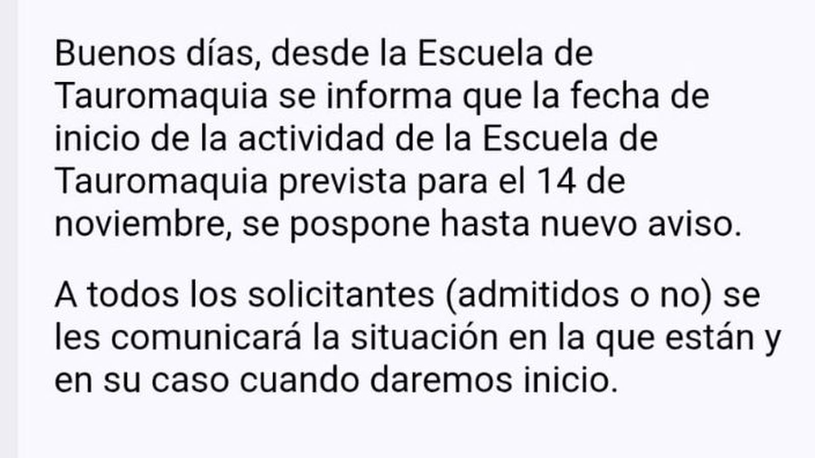 Correo enviado por la Escuela de Tauromaquia a los alumnos inscritos