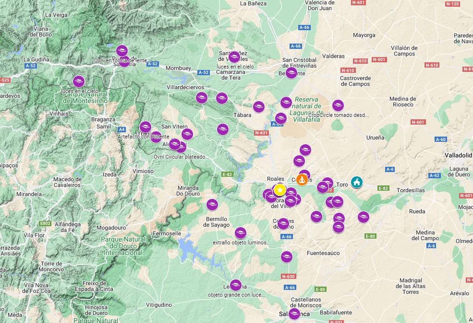 Mapa de ufología en Zamora