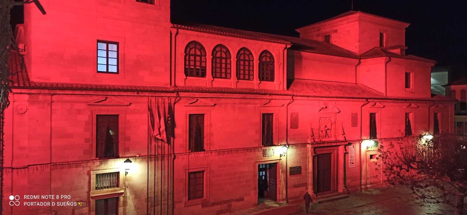 Fachada de la Dipùtación iluminada de rojo
