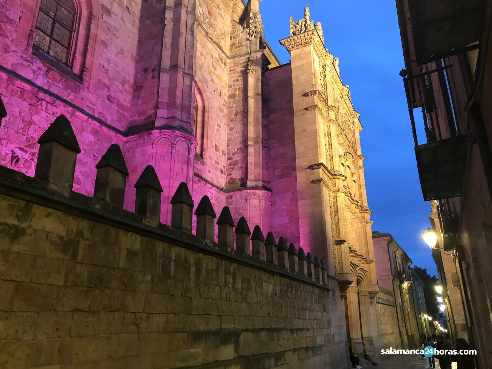 Fachada de la Universidad de Salamanca iluminada de morado. Foto Salamanca24horas.com