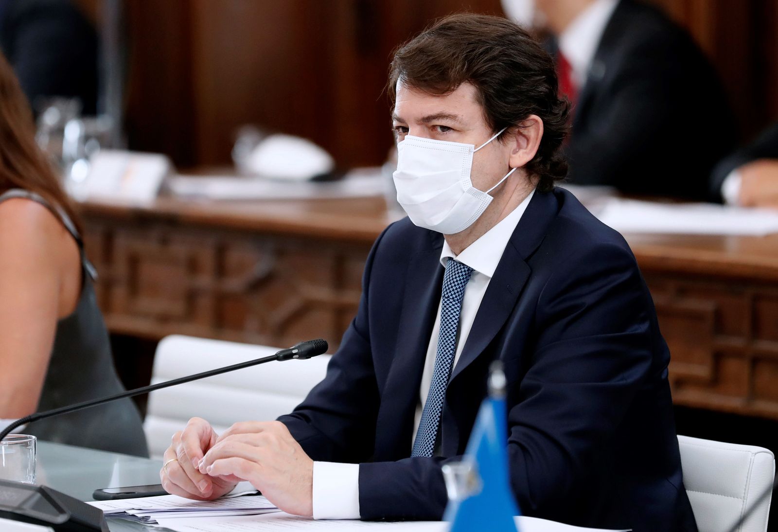 El presidente de la Junta, Alfonso Fernández Mañueco, durante la XXI Conferencia de Presidentes, en San Millán de la Cogolla, La Rioja (España), a 31 de julio de 2020.