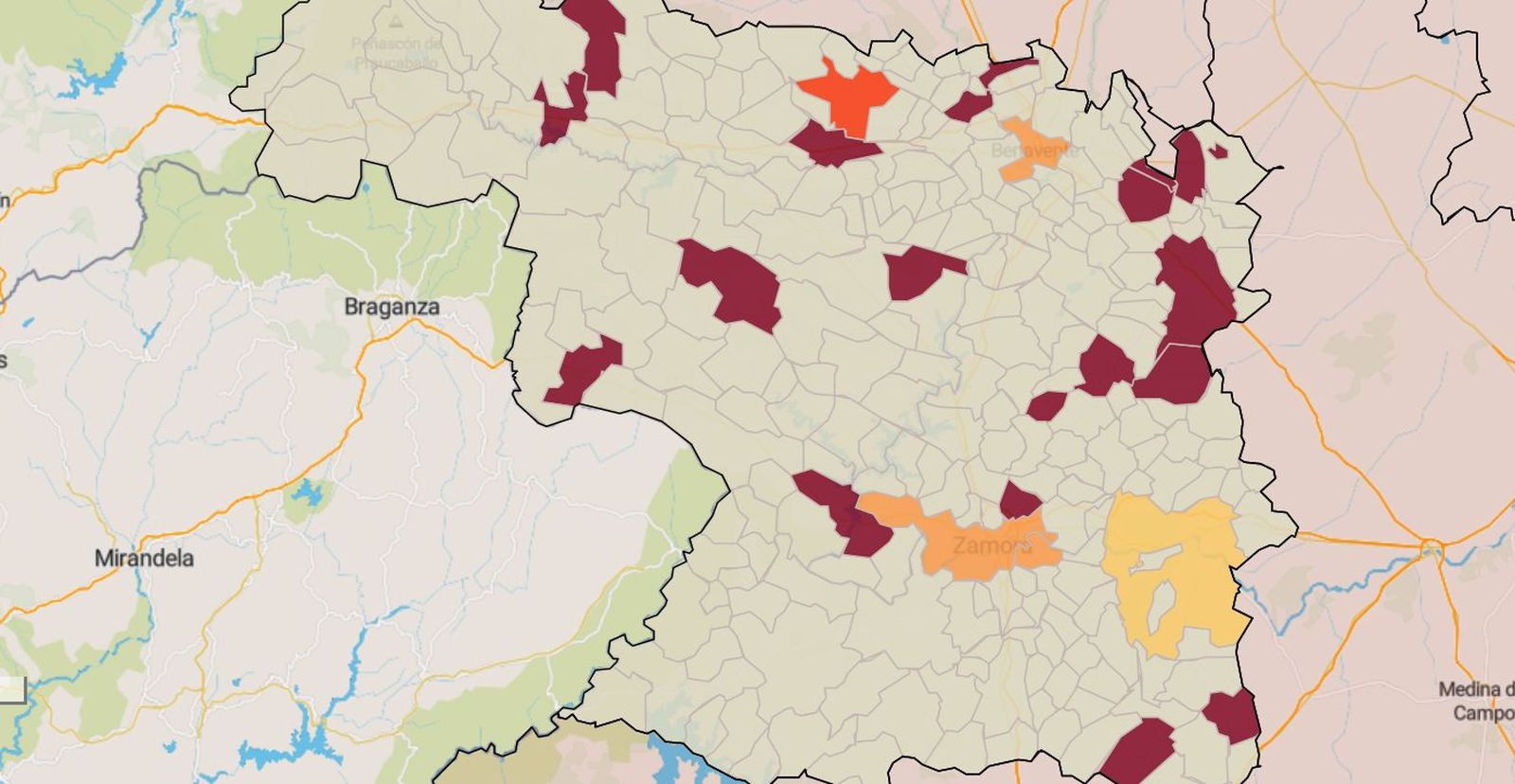 Mapa de la incidencia en los municipios de Zamora este viernes