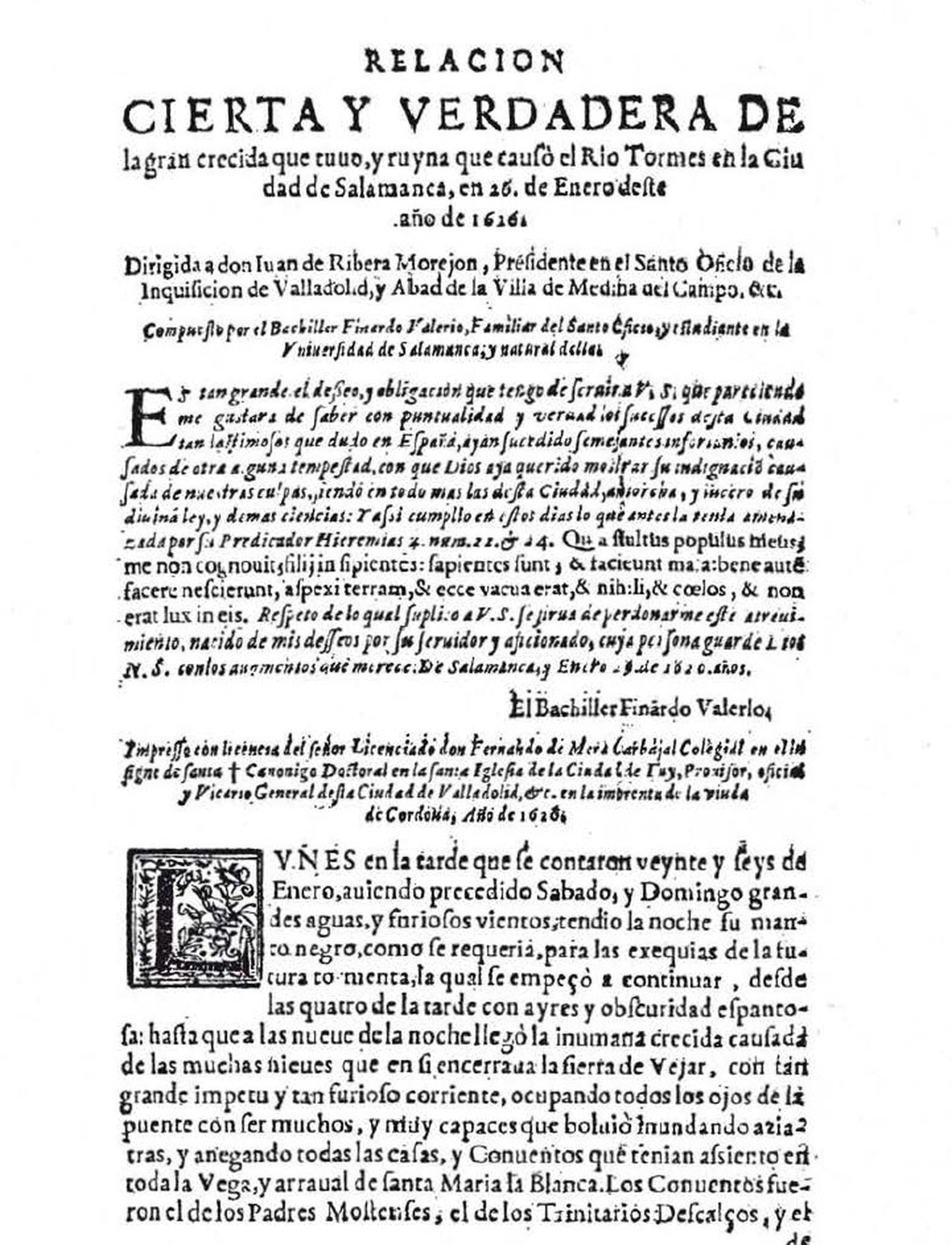 Reproducción de la relación escrita por el bachiller Finardo Valerio que detalla la tragedia