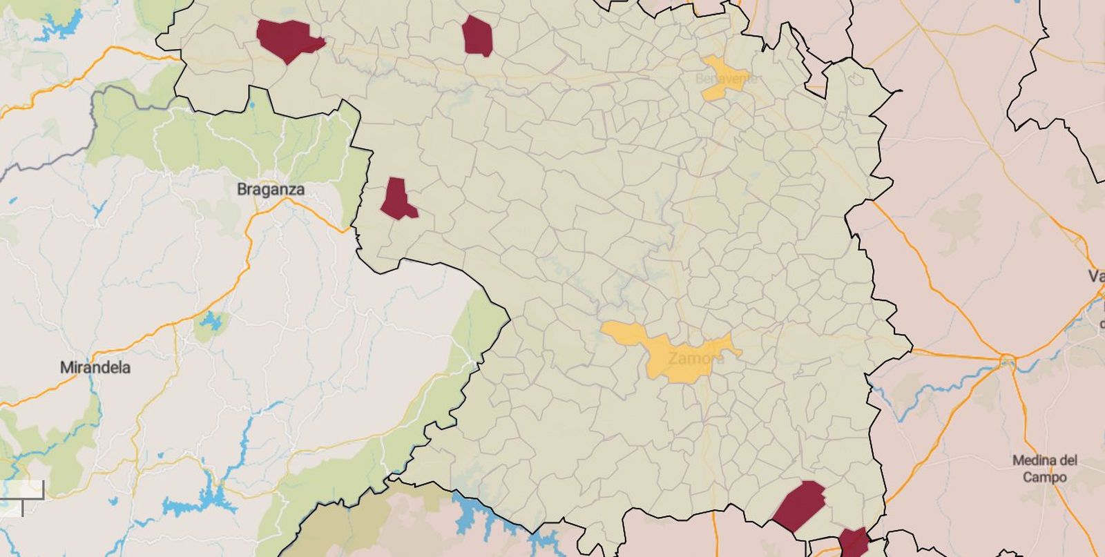 Mapa de la incidencia en los municipios de Zamora este jueves