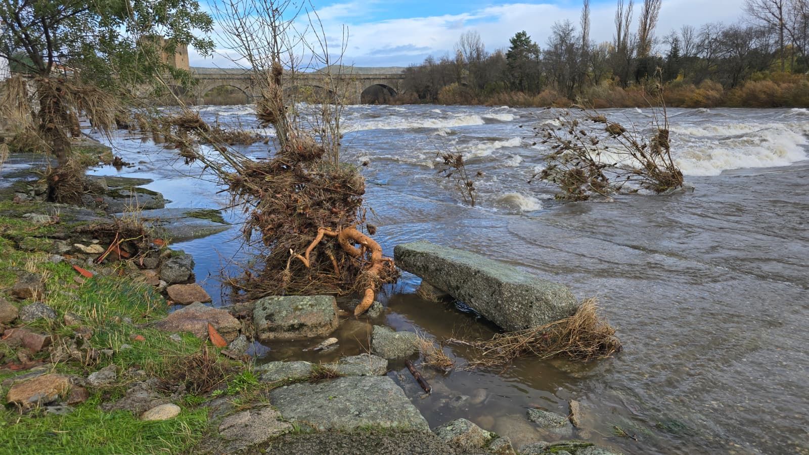 El río Tormes desbordado a su paso por El Puente del Congosto