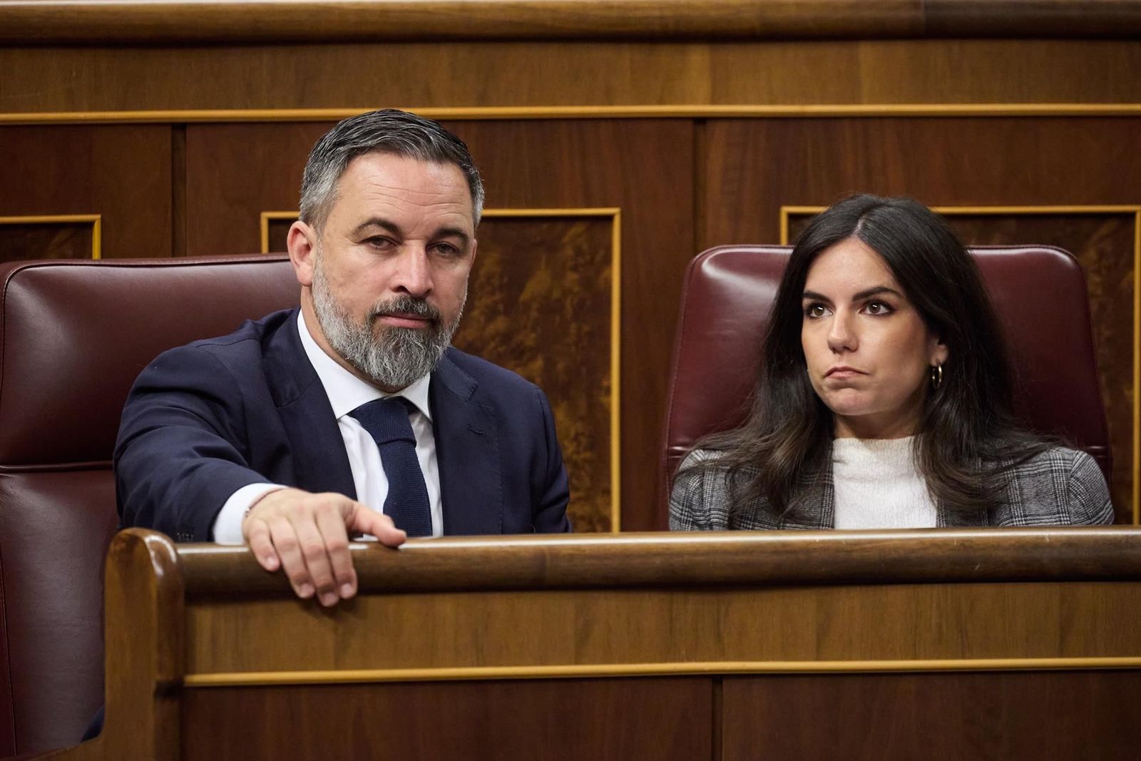 El presidente de VOX, Santiago Abascal y la portavoz de VOX en el Congreso, Pepa Millán, durante una sesión plenaria, en el Congreso de los Diputados, a 20 de mayo de 2025, en Madrid (España). - Jesús Hellín - Europa Press