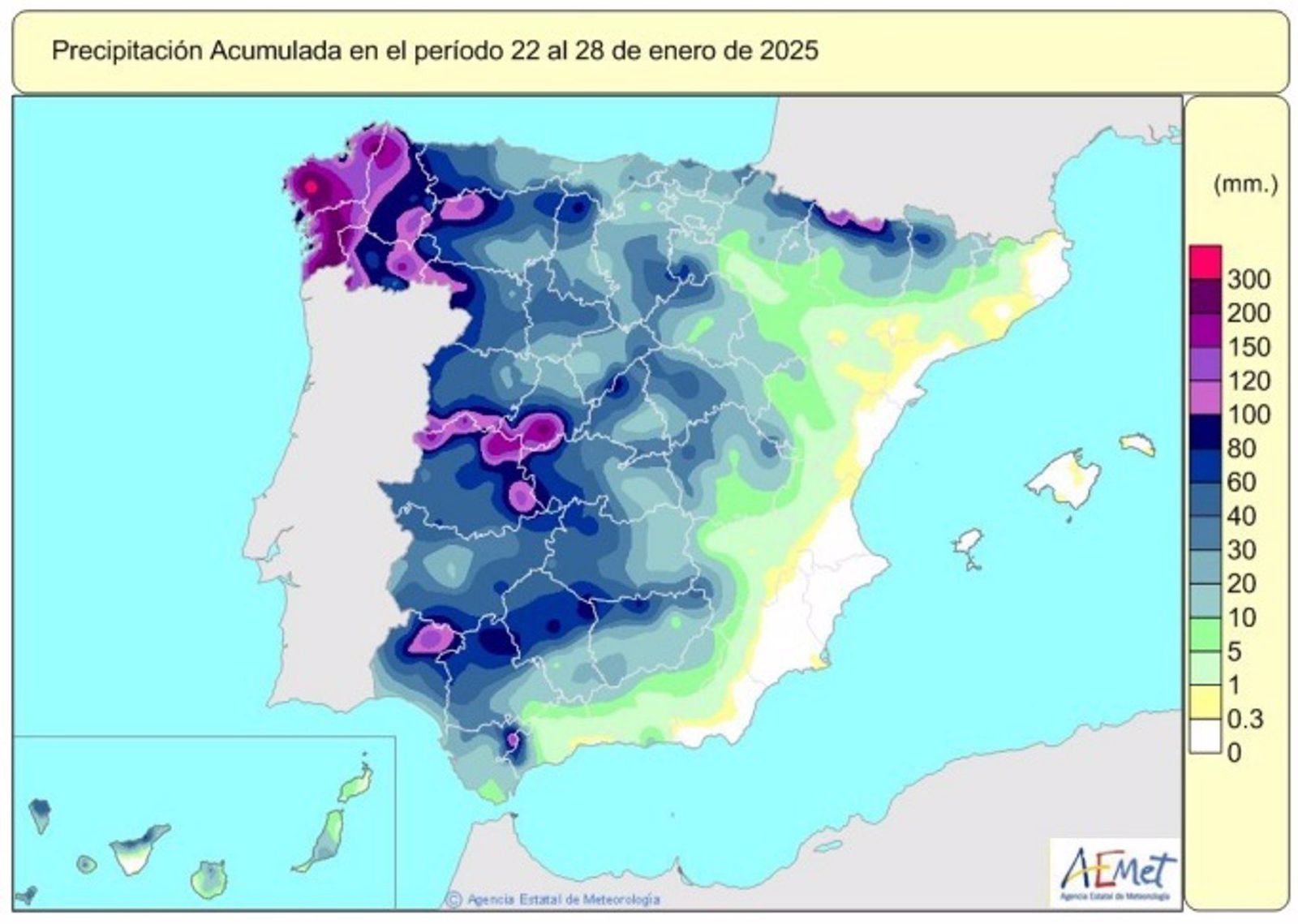 Las lluvias acumuladas desde octubre alcanzan 286 lm2, casi lo normal para estas fechas, tras 'Herminia' e 'Ivo'.   AEMET