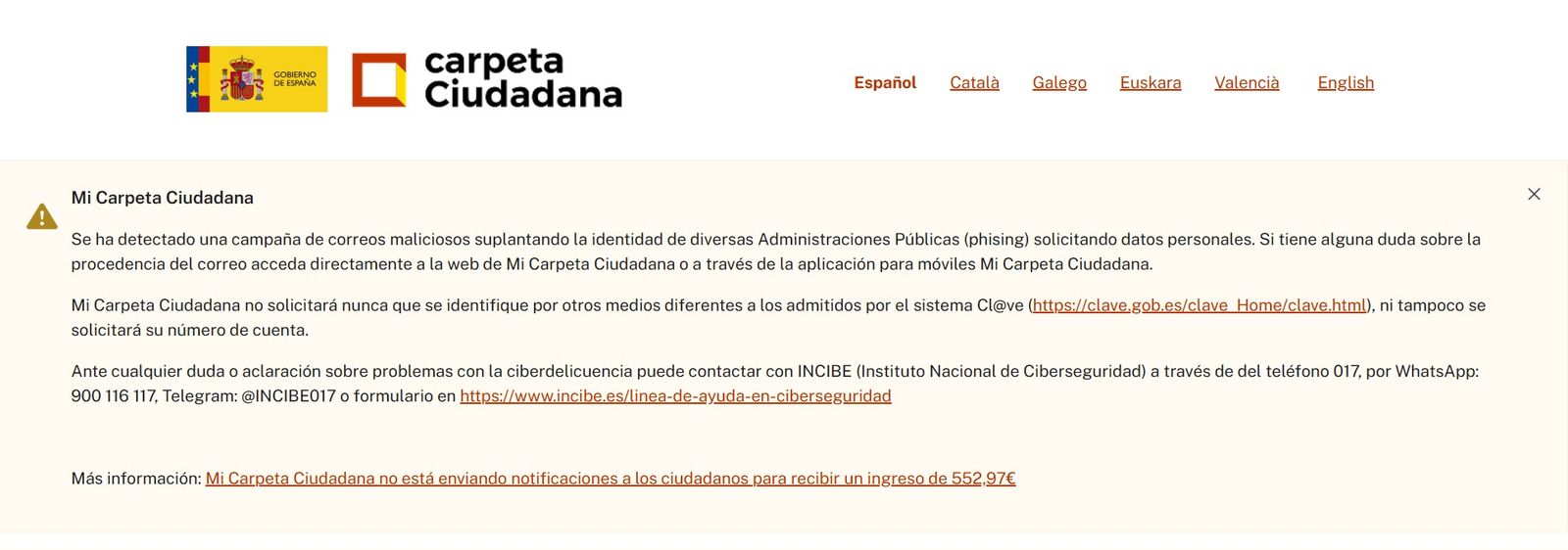 Mensaje de advertencia sobre el fraude en el portal de 'Mi Carpeta Ciudadana'
