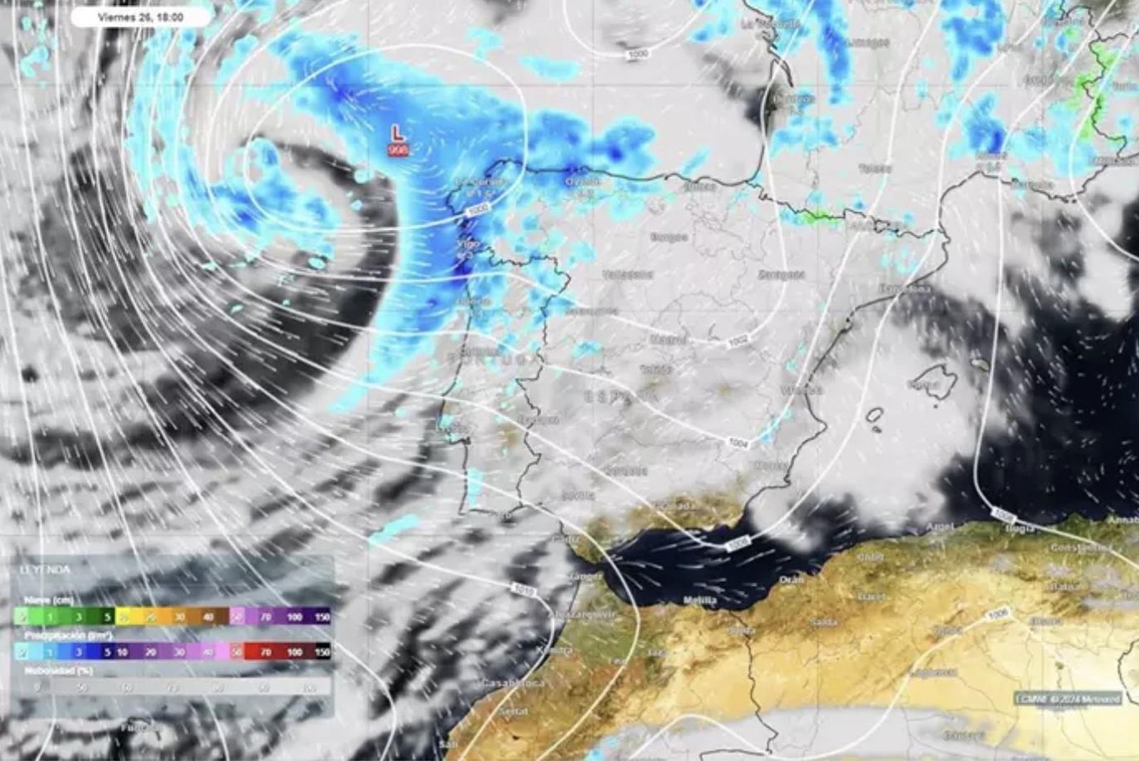 Posición prevista de la borrasca fría el próximo viernes, 26 de abril de 2024 a las 17 h UTC, con la nubosidad y precipitación prevista asociada a ella - METEORED