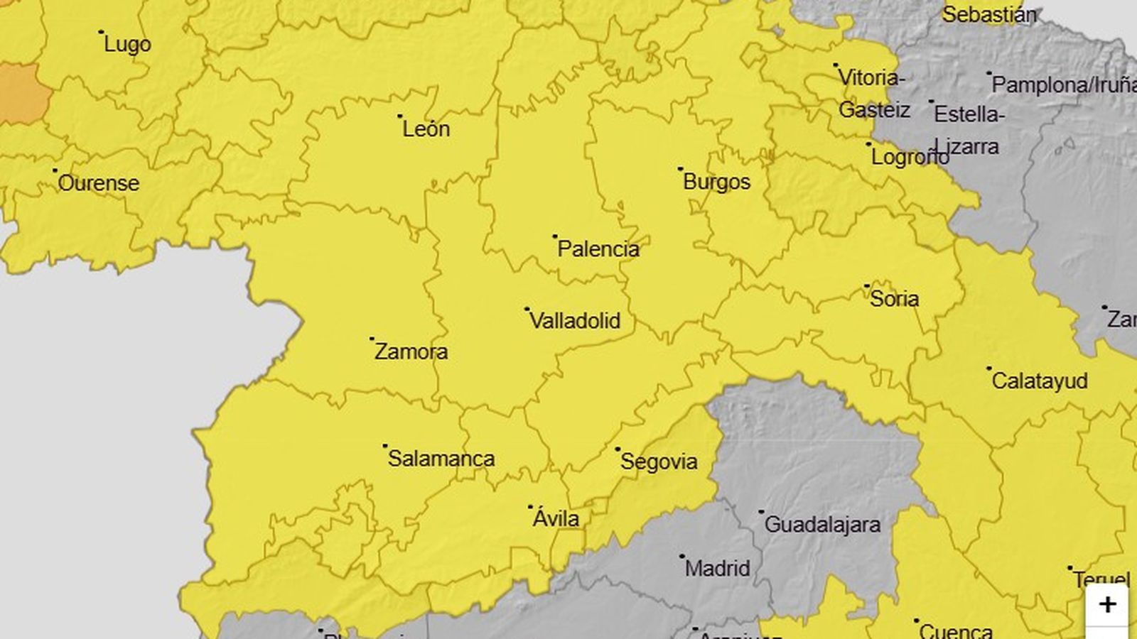 Mapa de aviso amarillo por lluvia, viento y deshielos en Salamanca a 11 de febrero de 2026