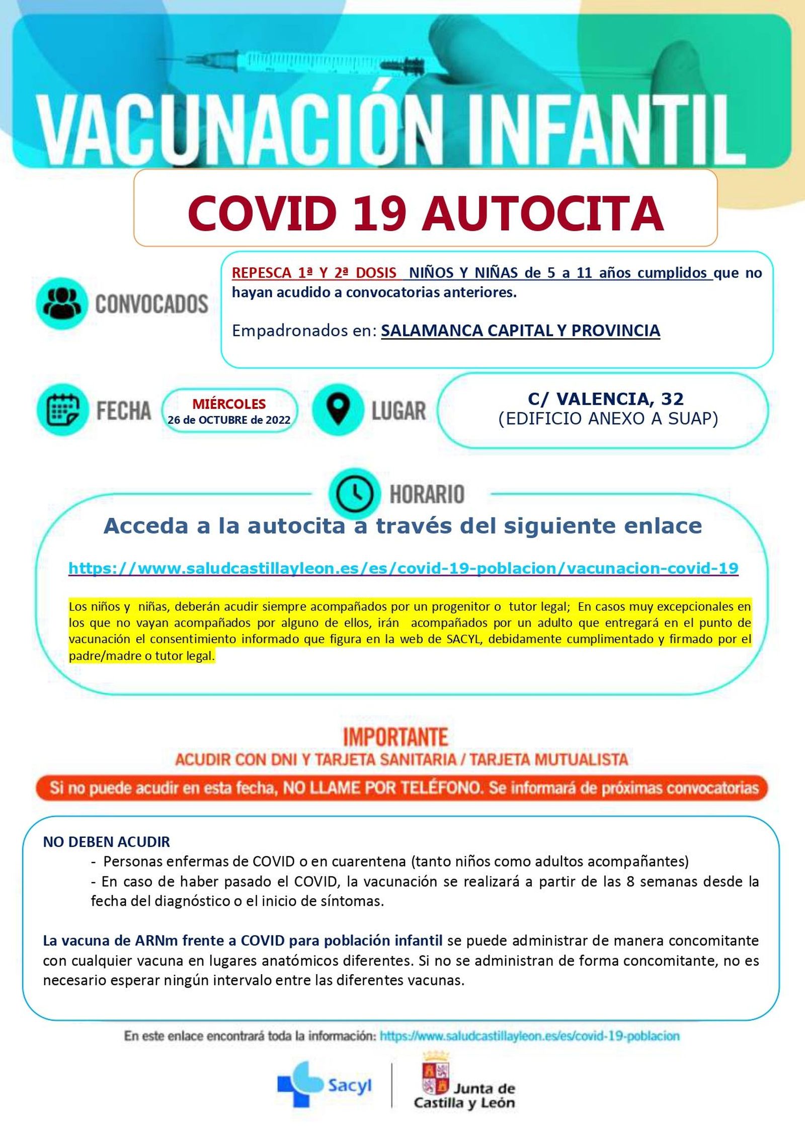 Repesca primeras dosis vacunación infantil Salamanca capital y provincia el 26 de octubre en el SUAP de la calle Valencia 
