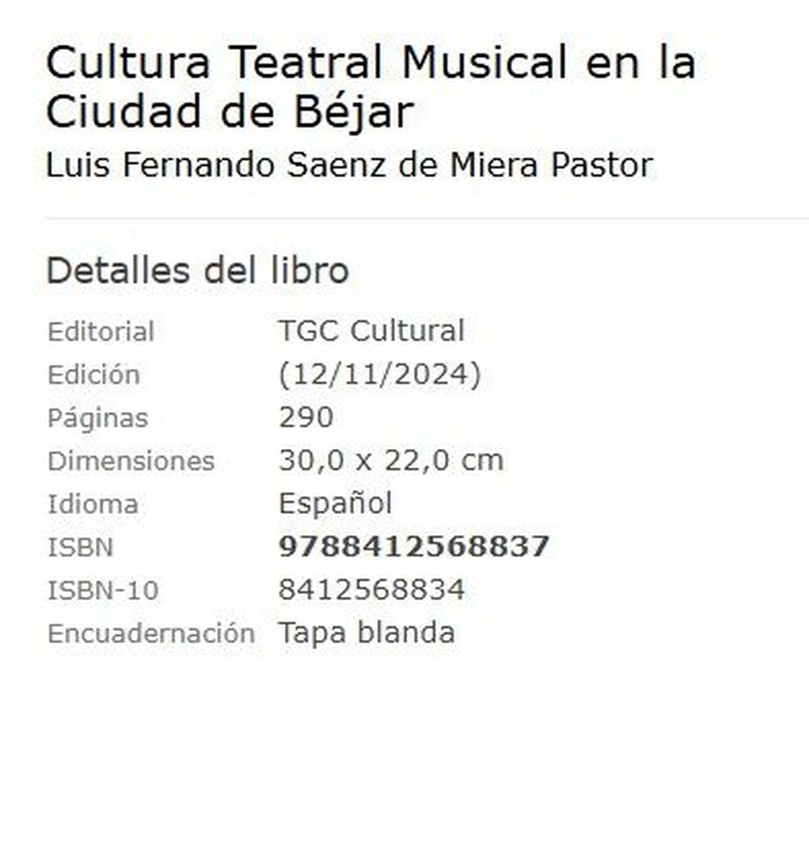 Libro Cultura teatral musical en la Ciudad de Béjar. Ficha