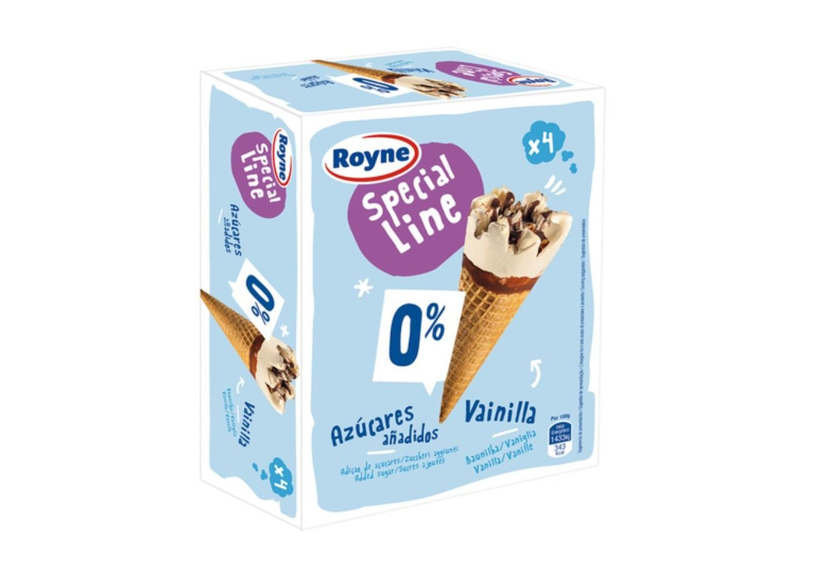 Conos de vainilla de la marca Royne etiquetados con el pictograma "sin gluten"
