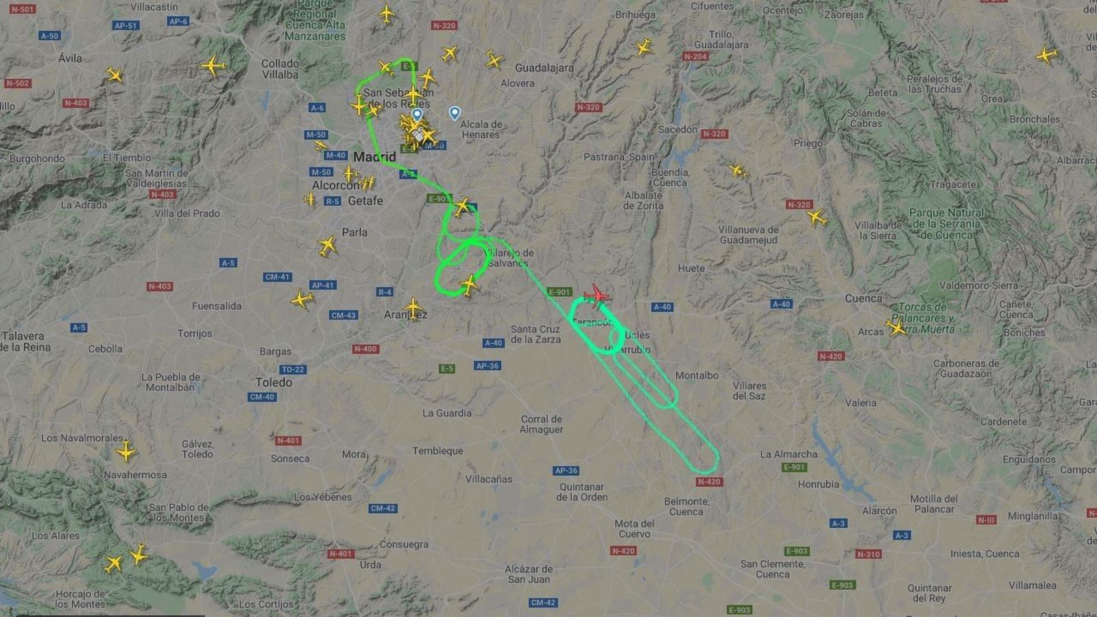 Trayectoría del avión de Air Canadá que sobrevuela Madrid.