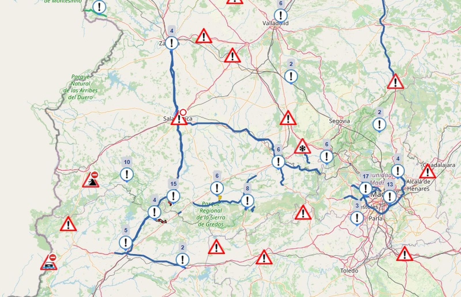 Carreteras con afecciones por el temporal de nieve en la provincia de Salamanca, 23 de enero de 2026
