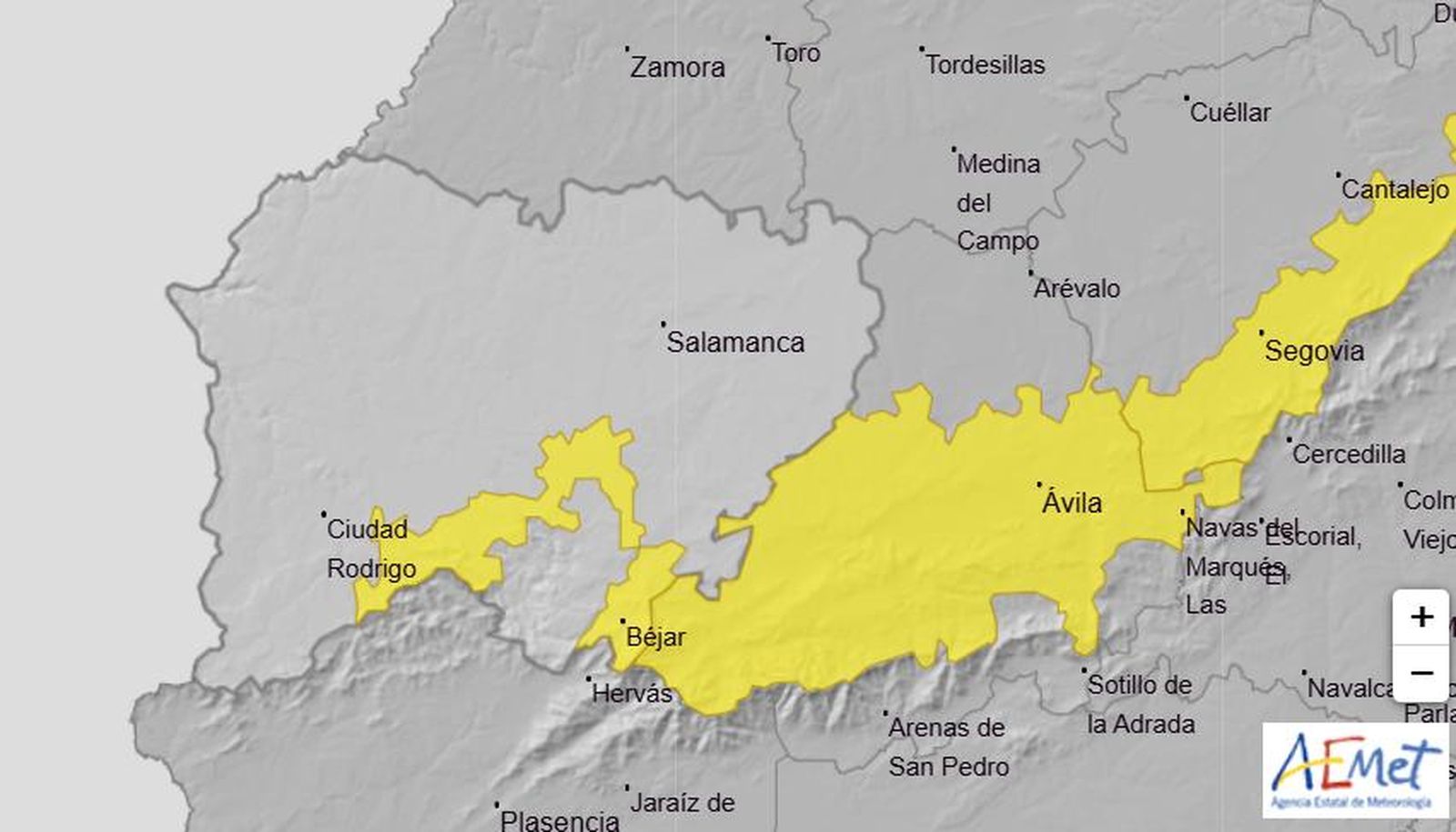 Aviso amarillo por vientos en el Sistema Central de Salamanca. Imagen Mapa @AEMET_CyL