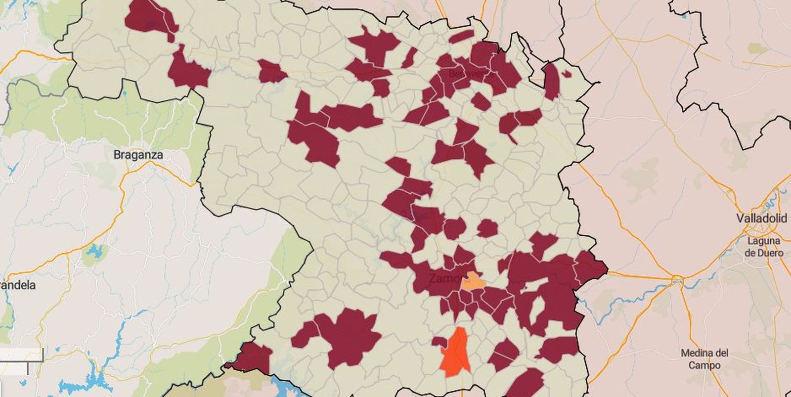 Mapa de la incidencia en los municipios de Zamora este martes