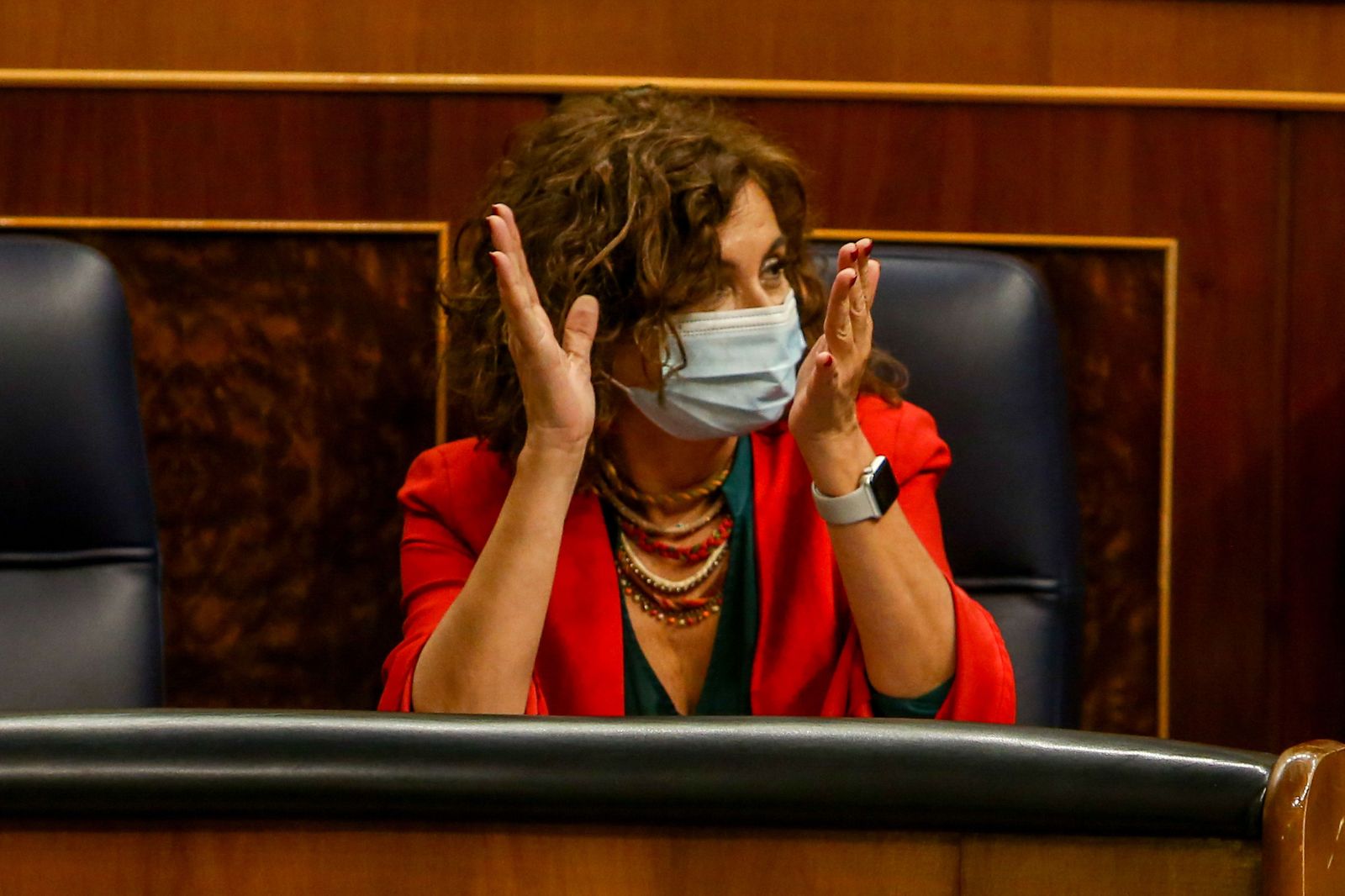 La portavoz del Gobierno y ministra de Hacienda, María Jesús Montero, aplaude en un Pleno del Congreso