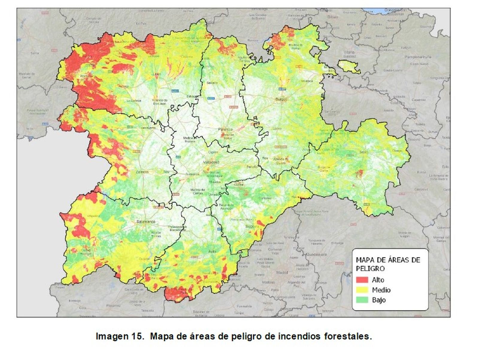 Mapa de áreas de peligro de incendios forestales