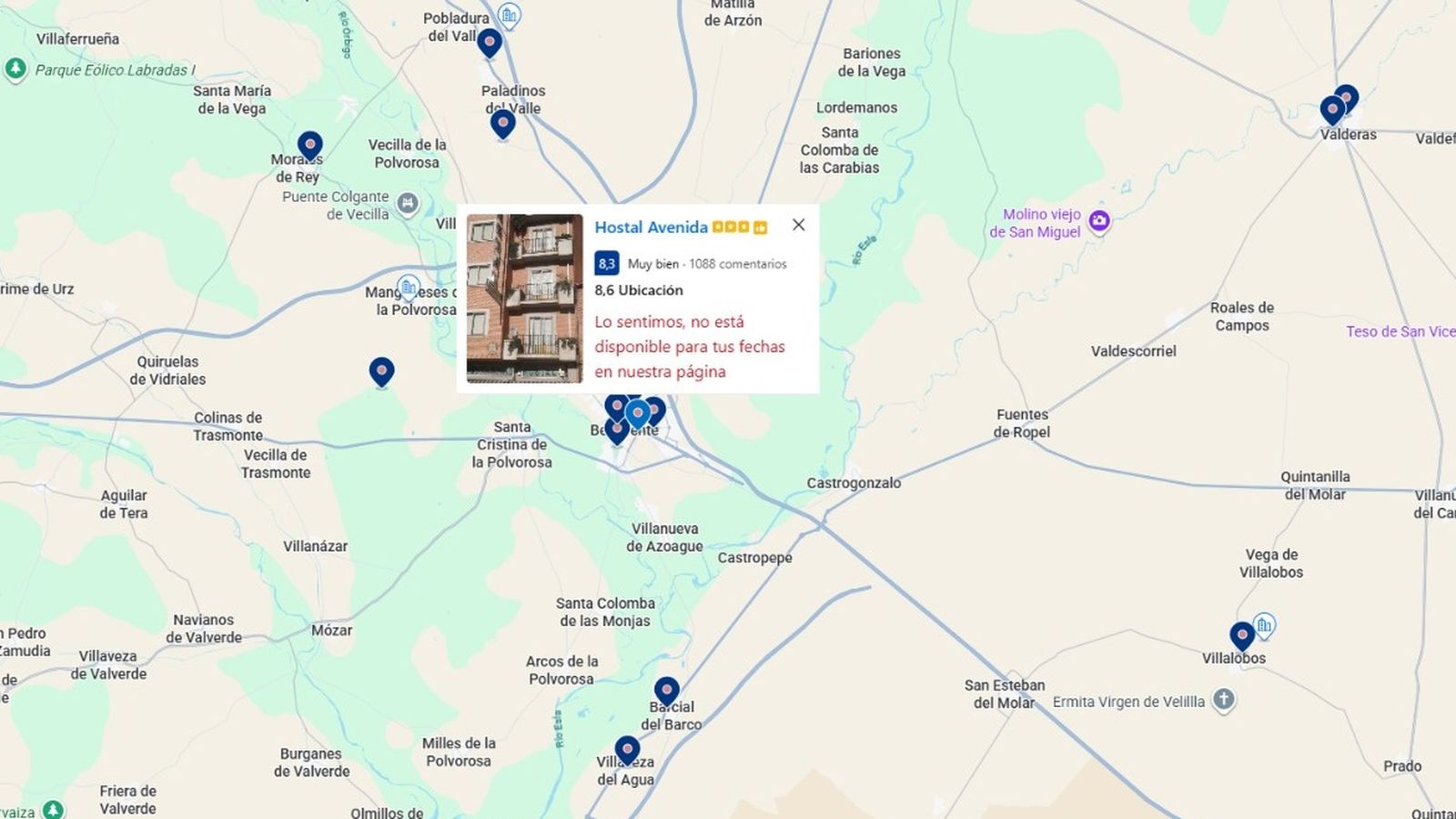 Establecimientos con punto rojo (ocupación completa) en la zona de Benavente y alrededores