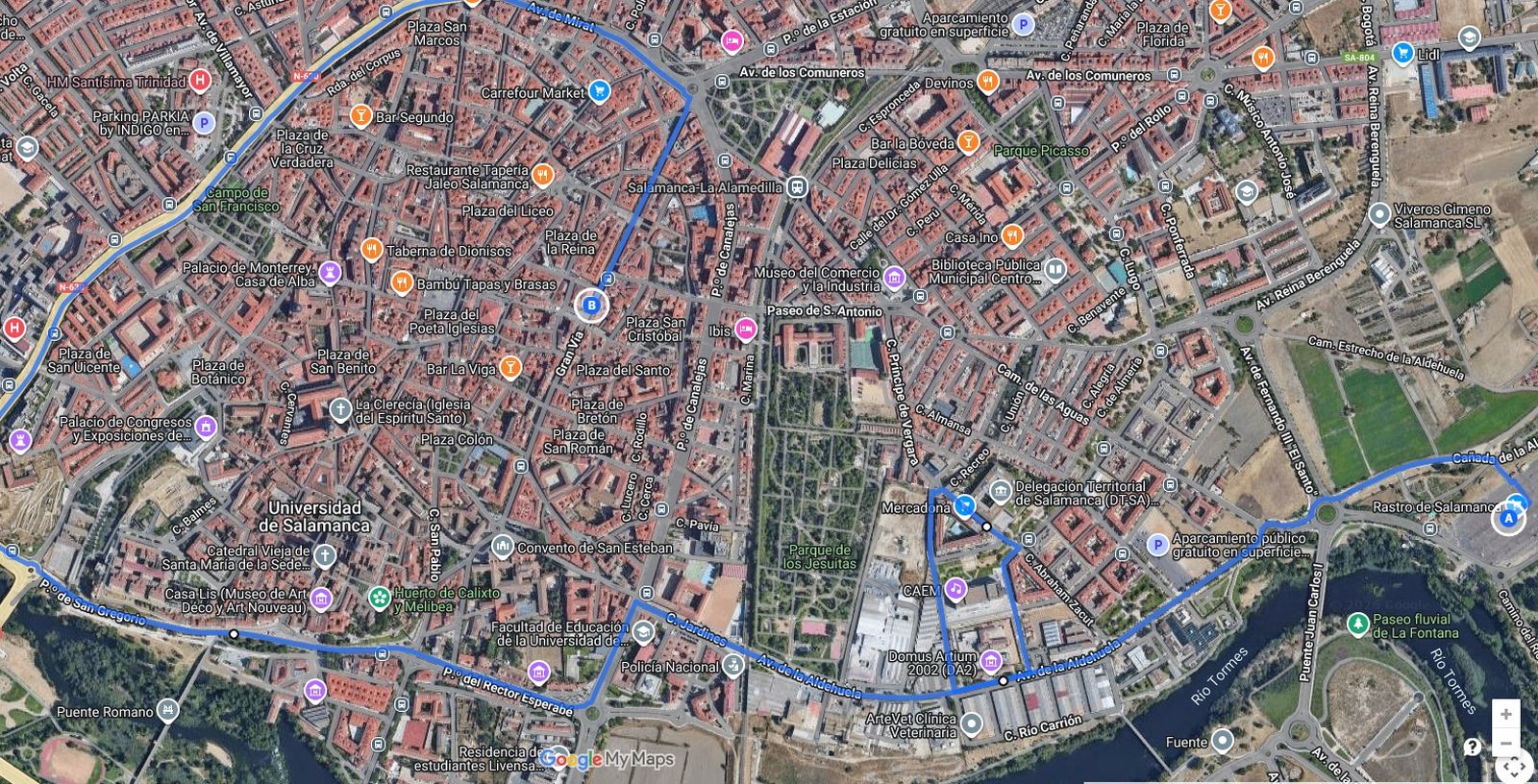 Mapa del recorrido protesta jueves 29 de enero: tractorada por las calles de Salamanca capital con inicio en el recinto ferial de La Aldehuela y finalización en Gran Vía (Subdelegación del Gobierno)