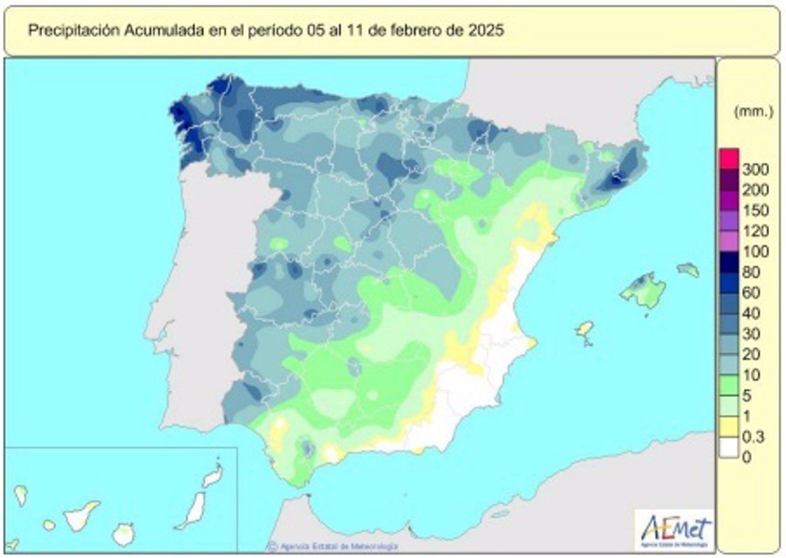 Las lluvias acumuladas desde el 1 de octubre se cifran en 315 lm2, 1% más que su valor normal.   AEMET