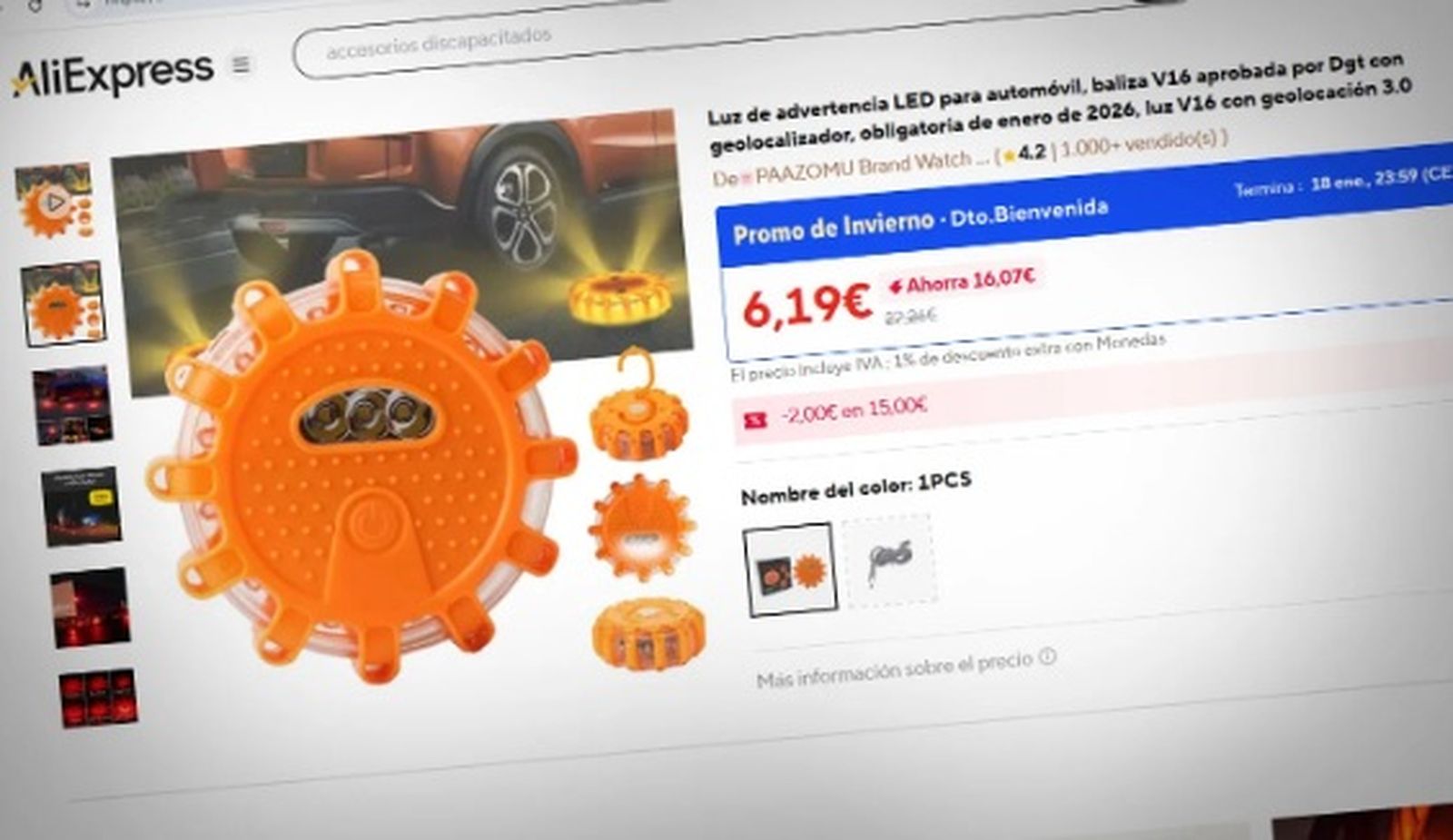 Baliza V16, no homologada por la DGT, y vendido en AliExpress