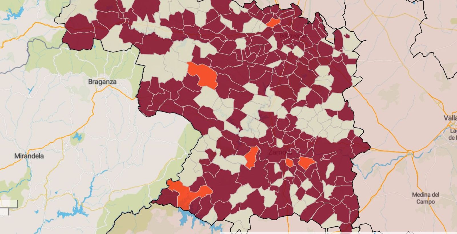 Mapa de la incidencia en los municipios de Zamora este jueves