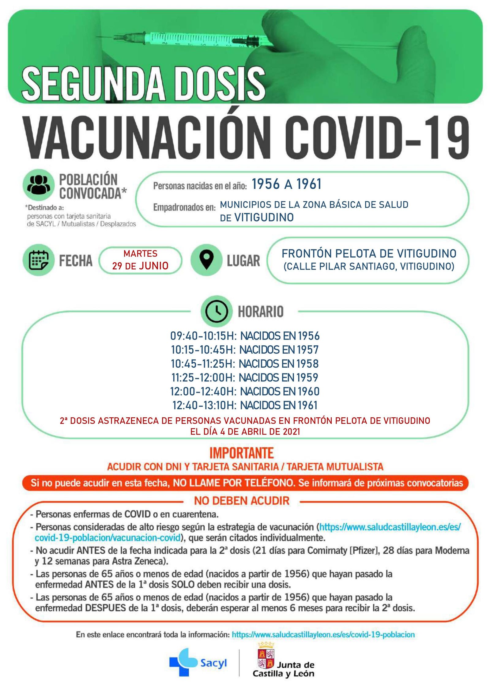 Cartel de la segunda dosis para las personas de Vitigudino de entre 60 y 65 años