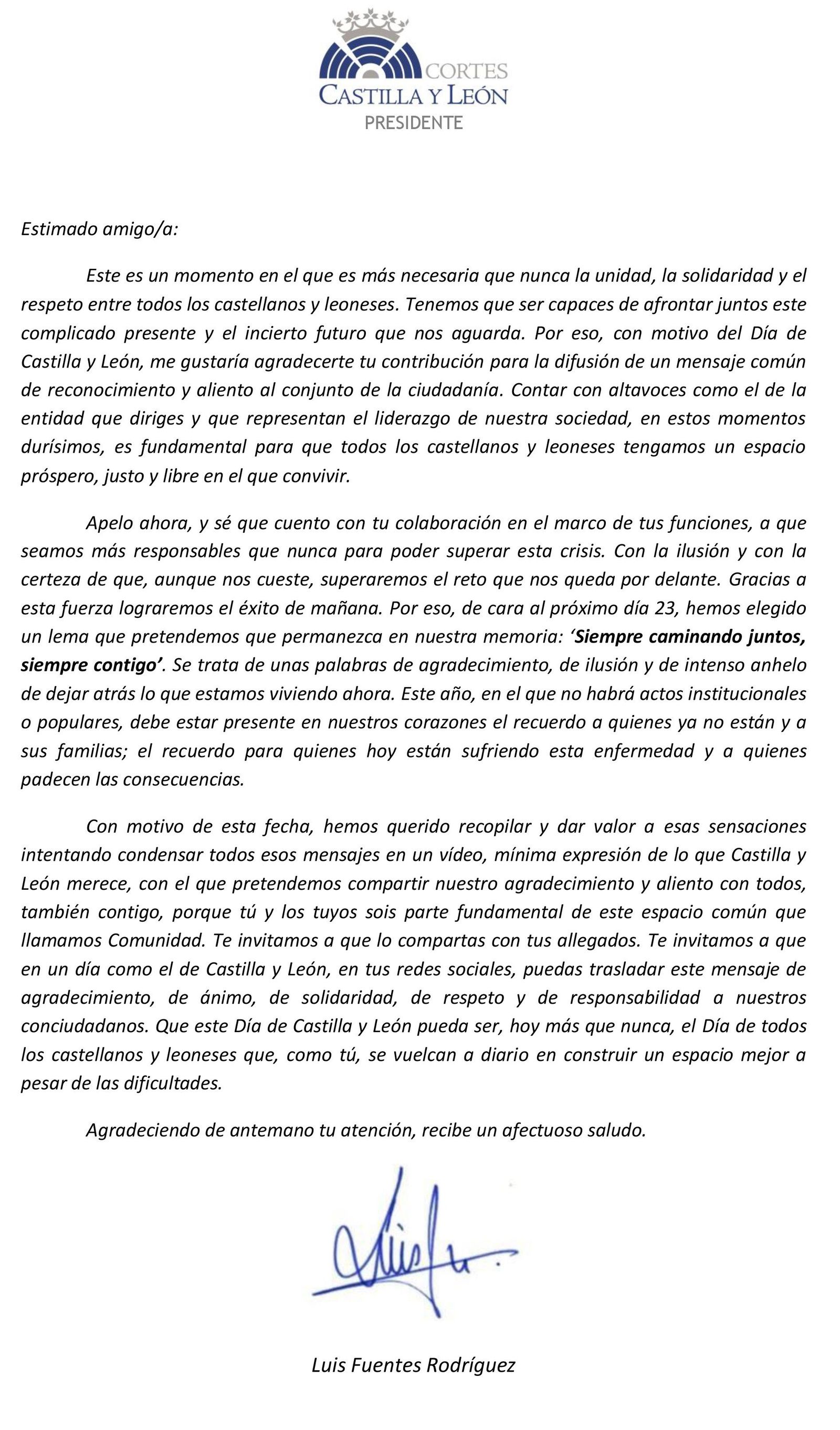 CARTA PRESIDENTE DE LAS CORTES CyL