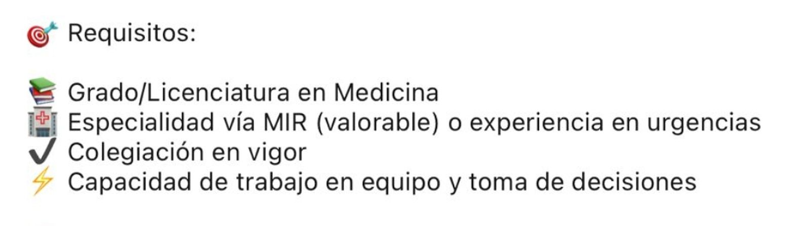 Requistos en la oferta de empleo para médicos de Urgencias