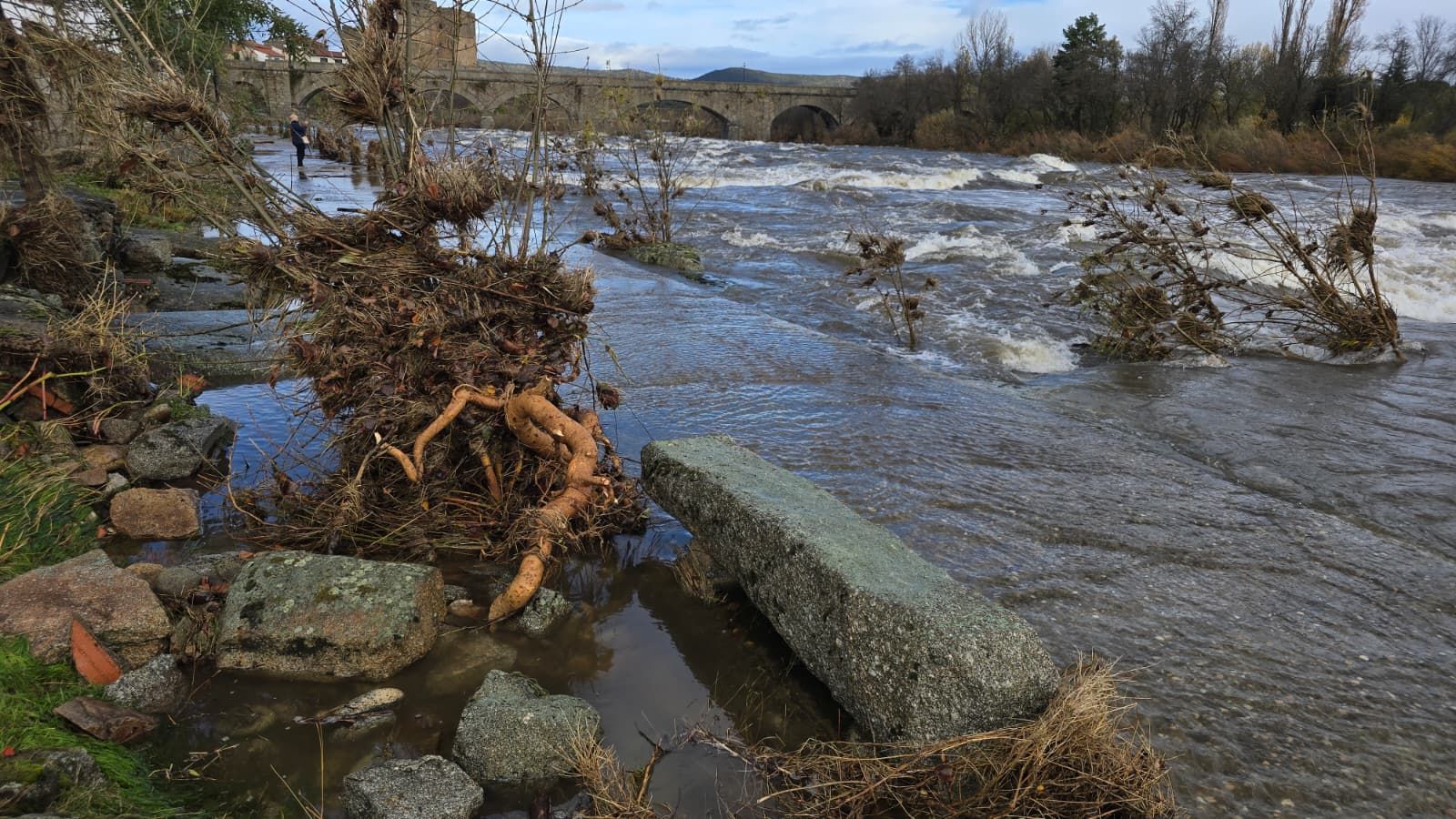 El río Tormes desbordado a su paso por El Puente del Congosto