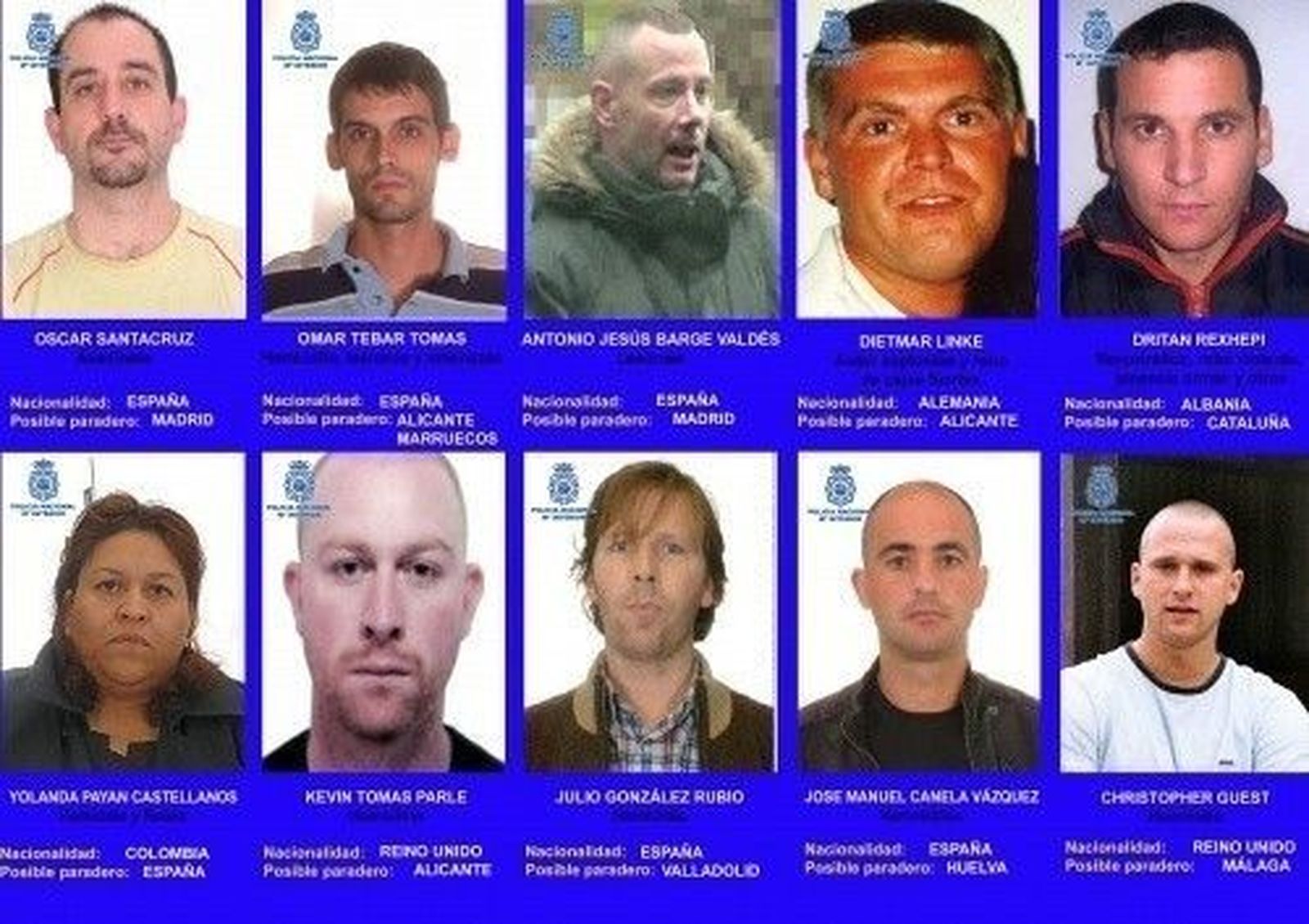 La Policía Nacional busca a diez criminales que podrían encontrarse en España