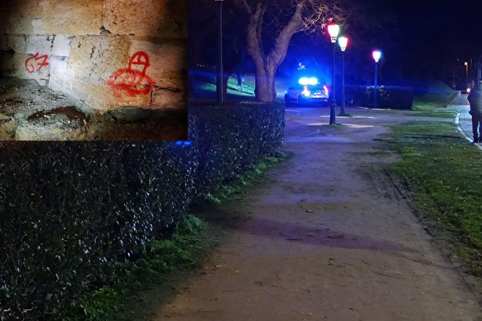 Imagen de la intervención policial la pasada noche del lunes y las pintadas realizadas