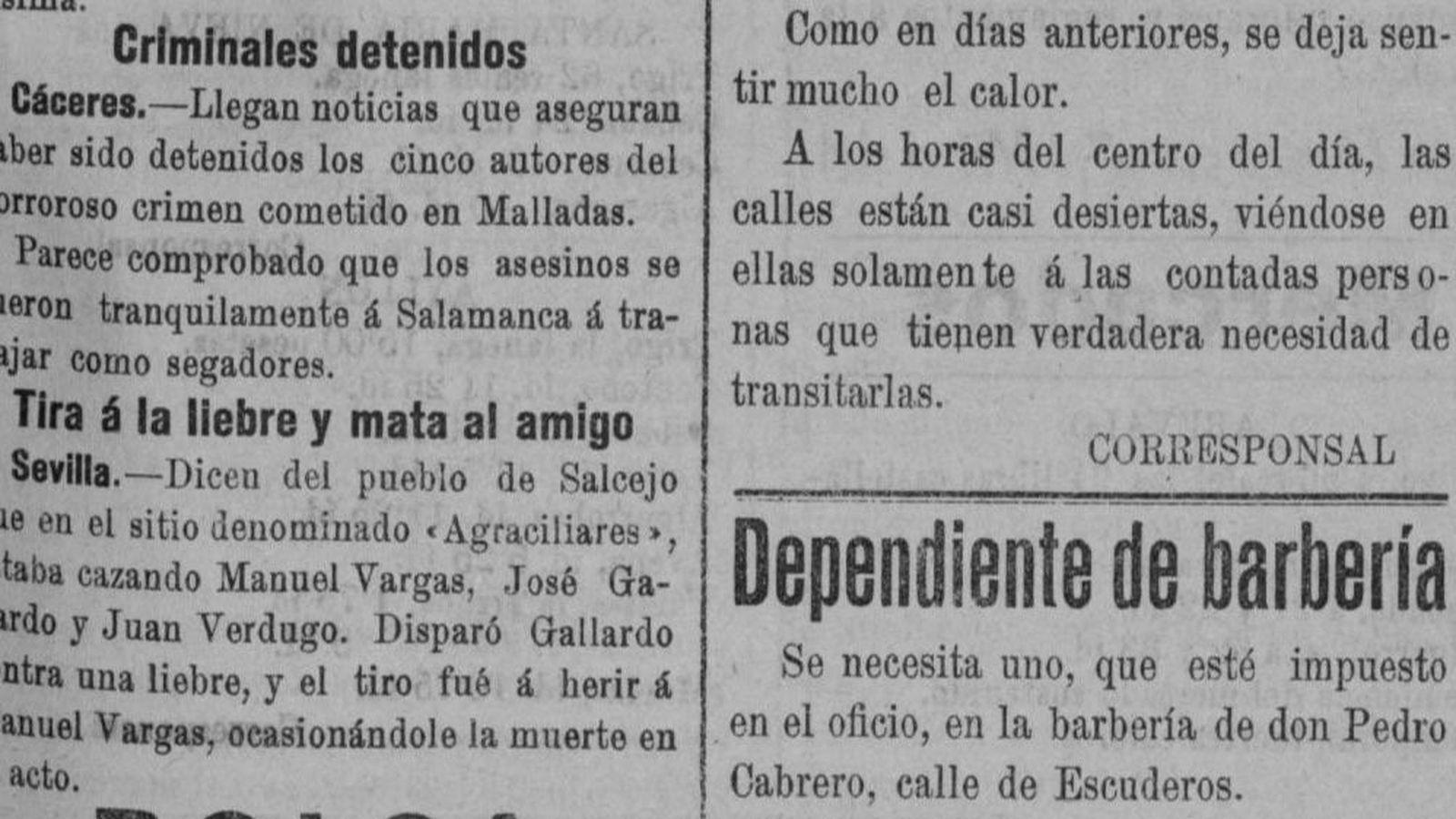 Recorte de prensa. Crimen de Malladas. Recorte de prensa. Crimen de Malladas.