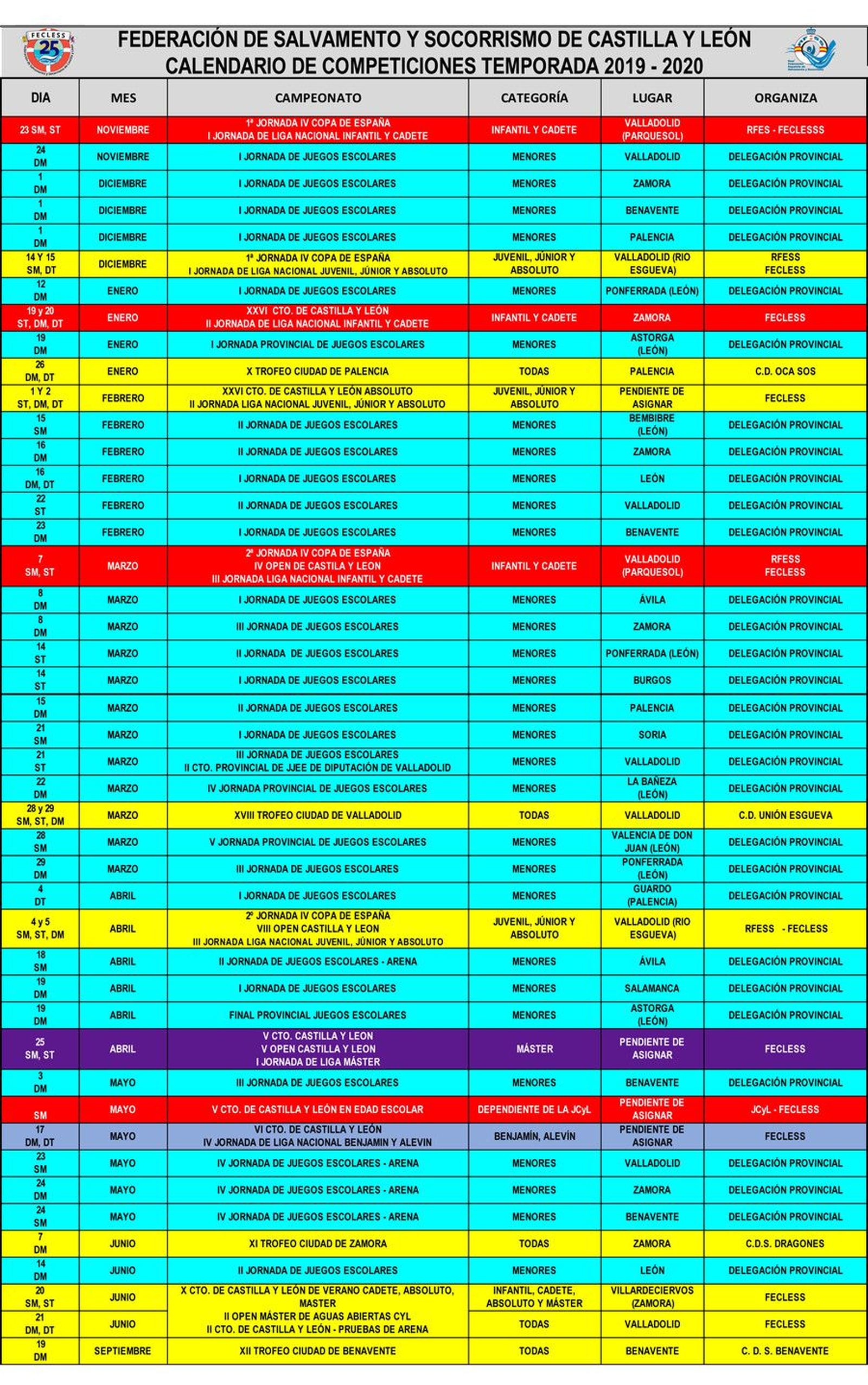 2019 10 31 Calendario Deportivo FECLESS 19 20
