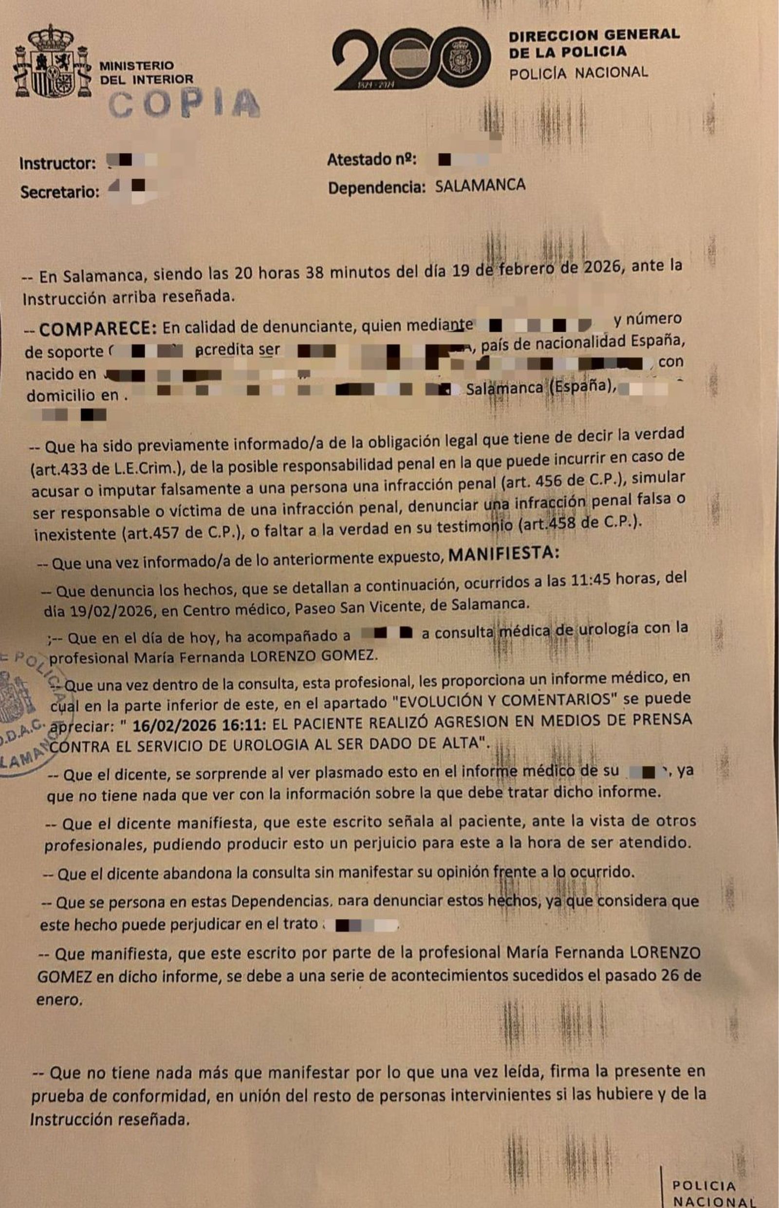 Denuncia presentada ante la Policía Nacional