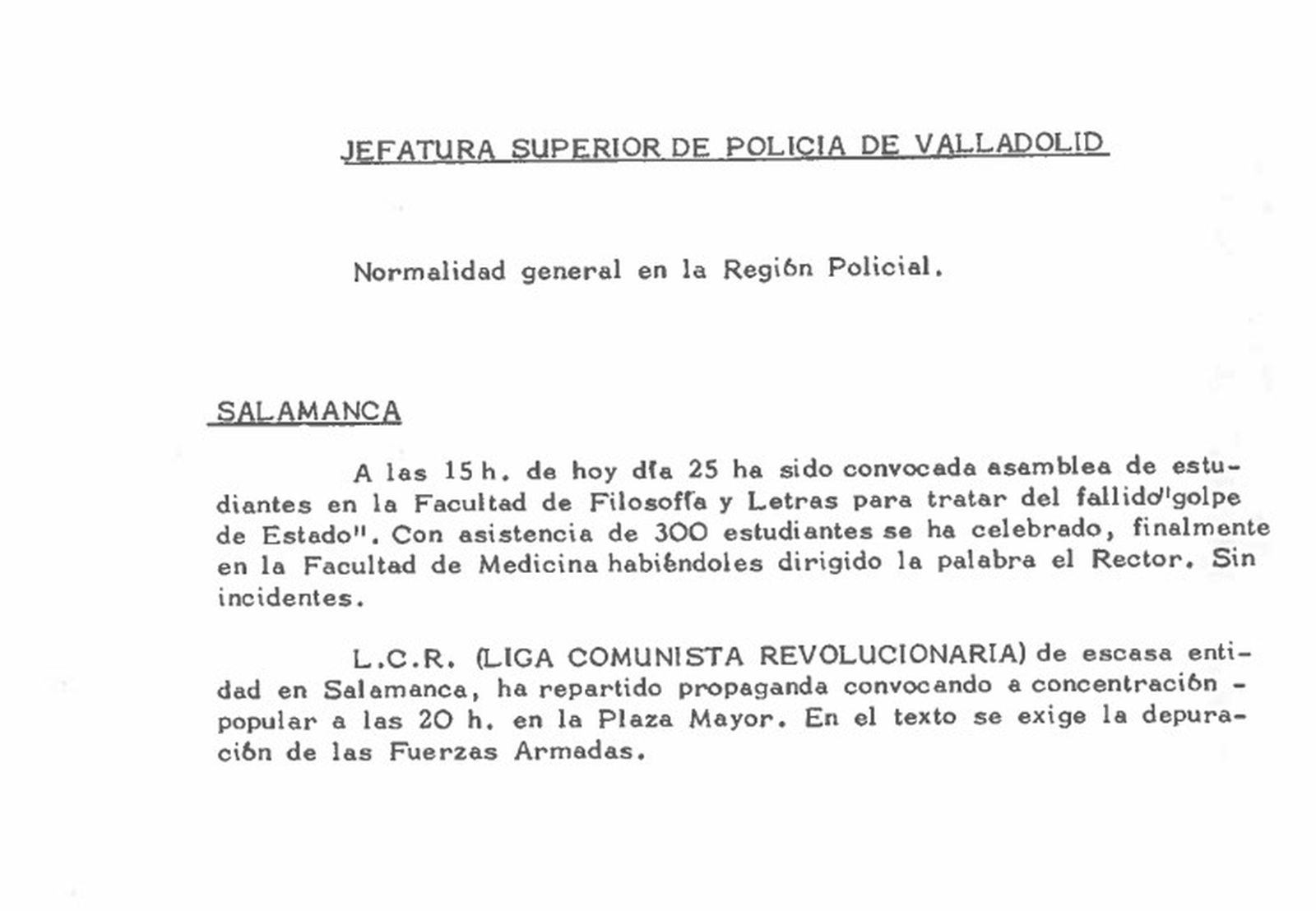 Salamanca en los papeles del 23F 25 febrero 81