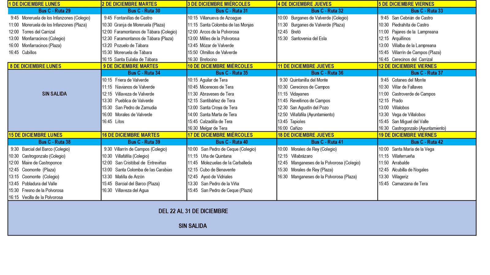Calendario del bibliobús para el mes de diciembre