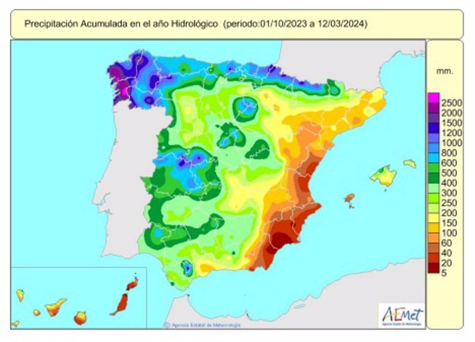 Las lluvias acumuladas en España se sitúan un 9% por encima de su valor normal.   AEMET