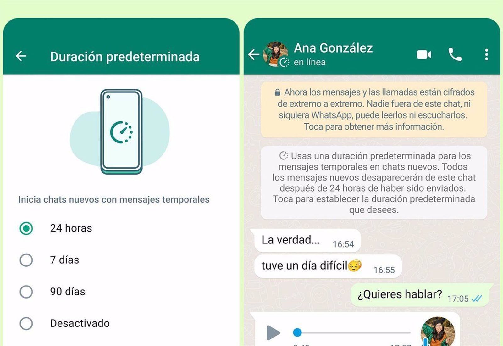 La opción de mensajes temporalesde WhatsApp. EP