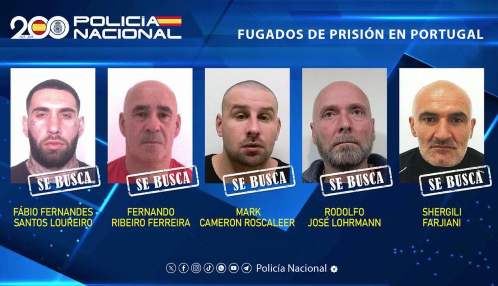 Los cinco presos fugados de una cárcel en Portugal. Policía Nacional