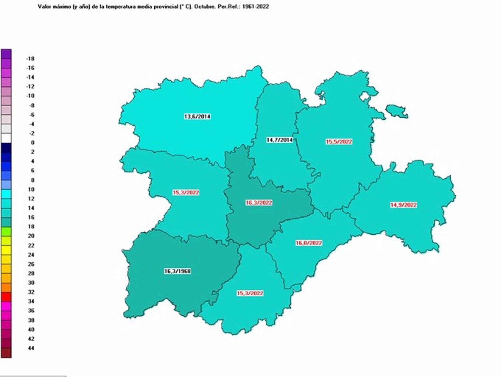 Mapa elaborado por la Aemet con los datos provisionales sobre las temperaturas registradas en CyL en octubre de 2022   @AEMET CYL