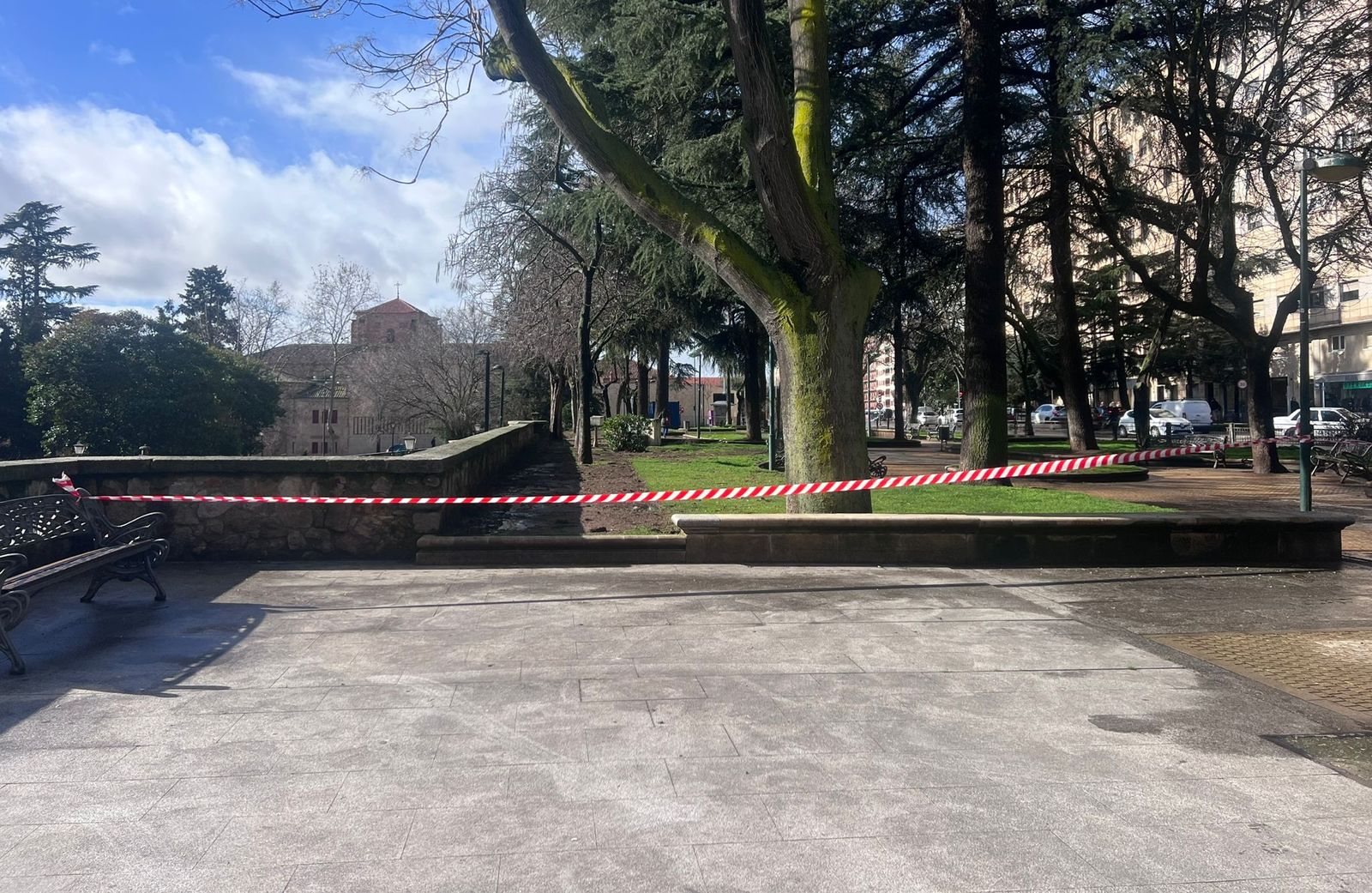 Zona arbolada del paseo de Carmelitas acotada por las fuertes rachas de viento. Foto de archivo