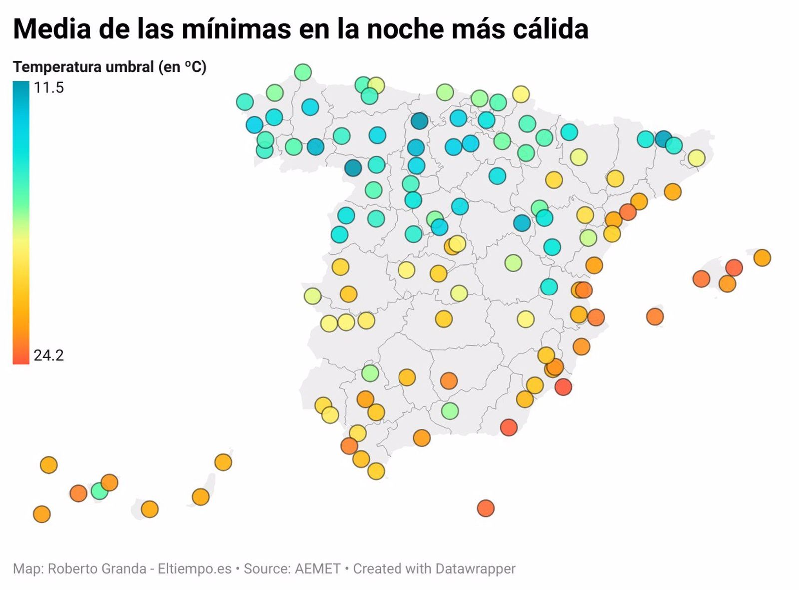 Mapa que ilustra las temperaturas medias mínimas durante la noche más cálida en distintos puntos de España.   ROBERTO GRANADA   ELTIEMPO.ES
